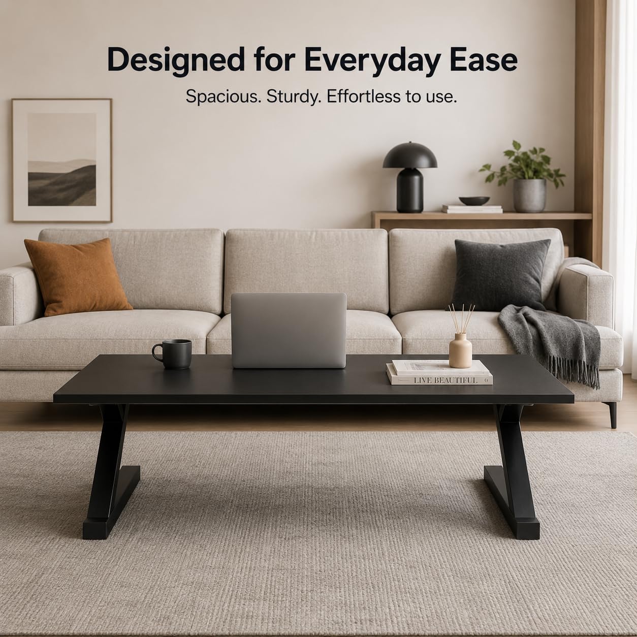 Z-Shaped Folding Floor Desk, Foldable Laptop Table for Sitting on Floor, Space Saving Coffee Table with MDF Wood Top & Metal Frame, Pre-Assembled, Black, 47.2 x 23.6 x 13.8 Inch