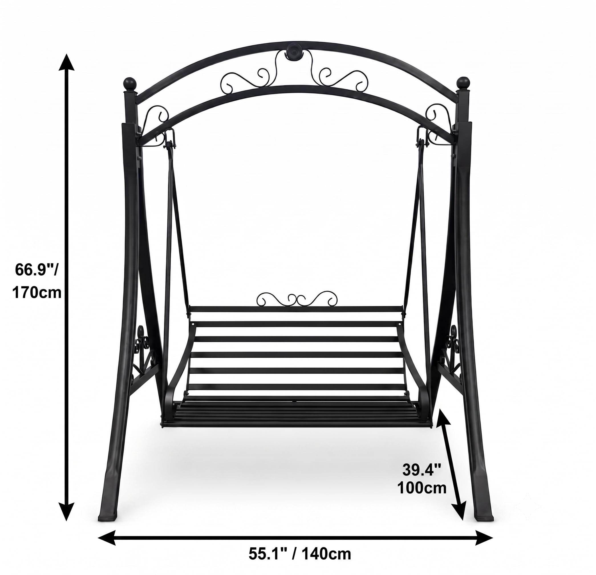 Outdoor Patio Swing Chair for 2, Heavy Duty Metal Garden Porch Swing Bench, Freestanding Backyard Swing Seat for Patio, Deck, Lawn, Balcony, Black