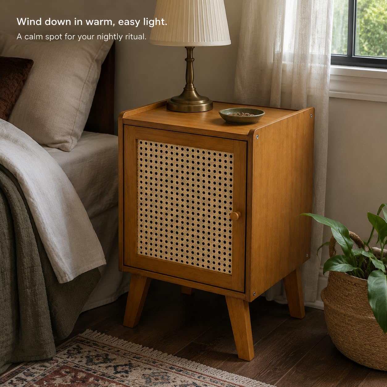 Rattan Nightstand with Door, Wooden Bedside Table, Mid Century Modern End Table with Storage Cabinet, Japandi Scandinavian Accent Side Table for Bedroom, Living Room, Small Spaces, Oak Finish