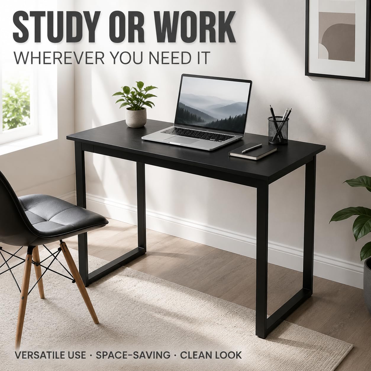 Modern Computer Desk 39.4" Home Office Desk with U-Shaped Metal Frame, Study Writing Table for Bedroom, Small Spaces, Black, 39.4 x 19.7 x 29.5 Inches