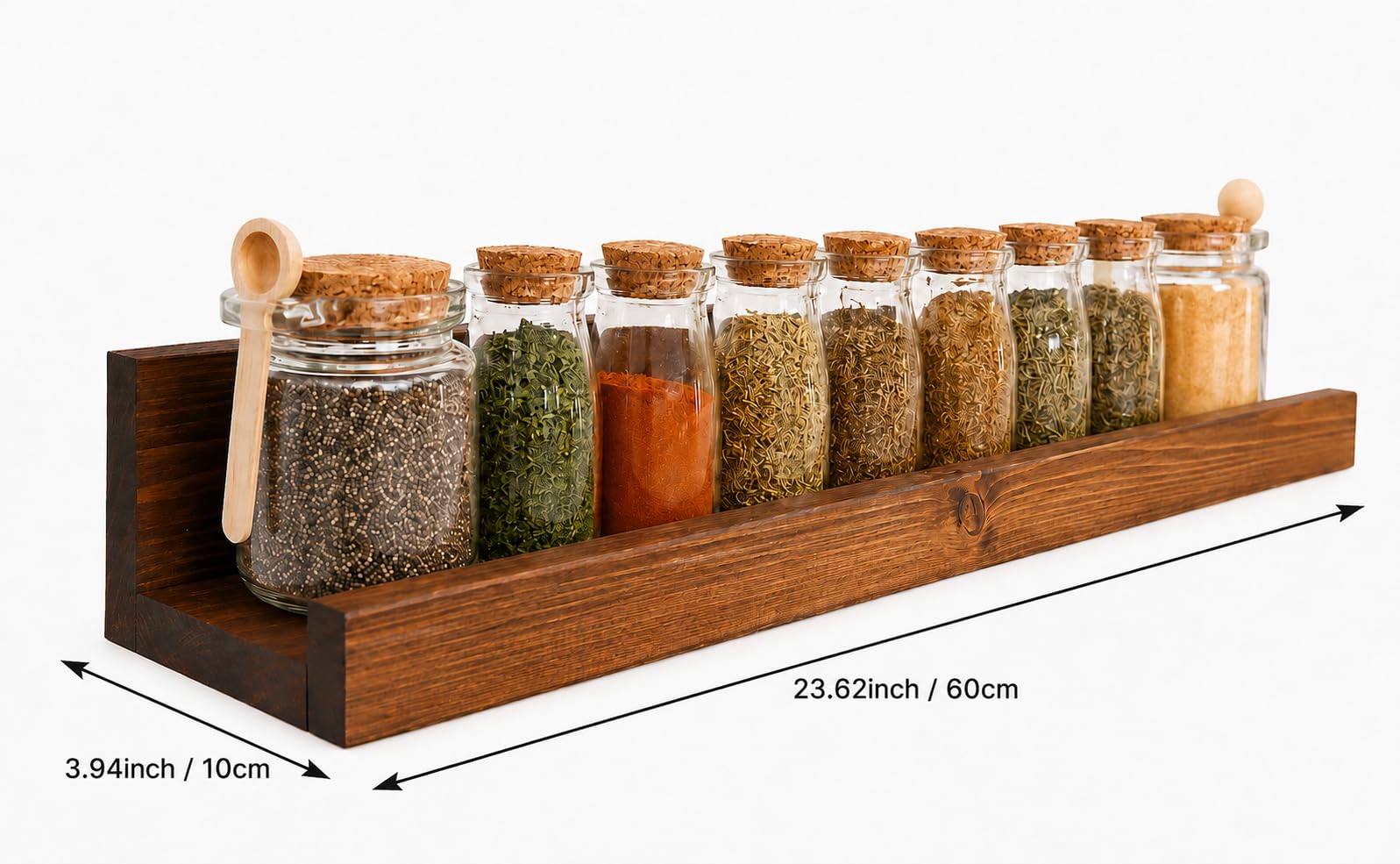 24-Inch Rustic Wooden Floating Shelf, Wall Mounted Spice Rack Organizer for Kitchen & Studio Decor, Premium Pine Wood Lipped Ledge Shelf with Protective Coating, Brown (Includes Hardware)