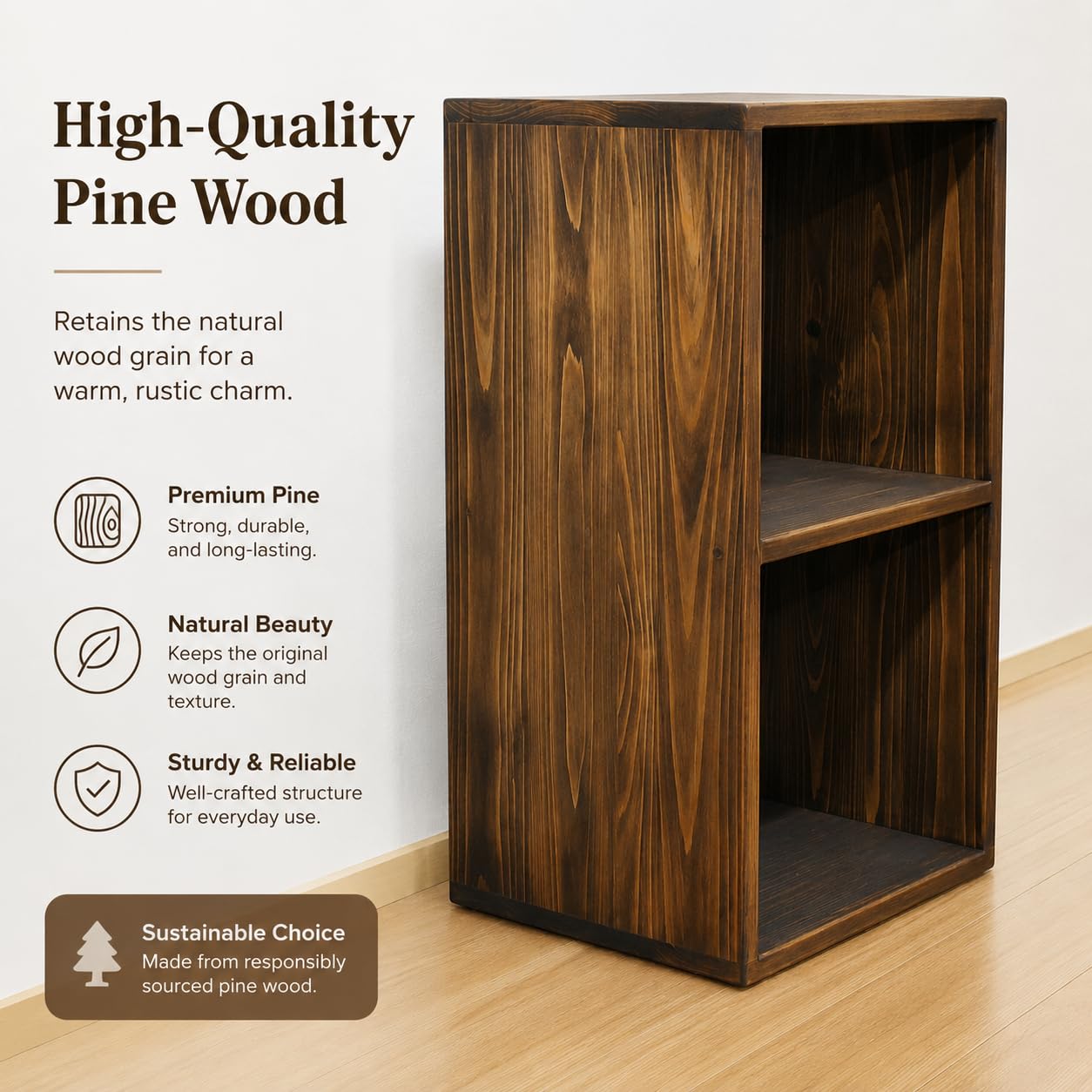 Modern 2-Tier Solid Wood Bedside Table, 23.6” Small Nightstand & End Table for Bedroom, Rustic Pine Wood Open Cube Storage Shelves, Accent Bookcase Display Shelf for Living Room, Walnut Finish