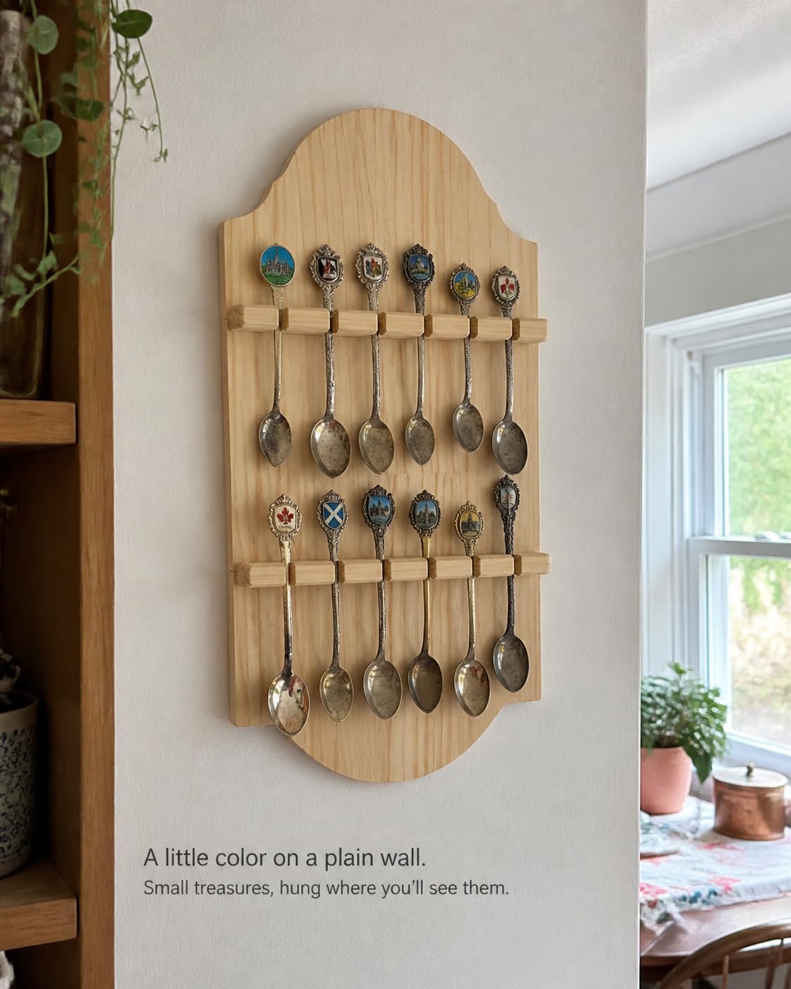 Wall Mounted Wooden Spoon Rack, Rustic Kitchen Utensil Organizer with 2 Shelves and 12 Hooks, Farmhouse Wood Storage Display Rack for Spoons, Ladles, Spatulas, Kitchen Decor