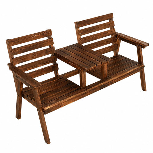 Outdoor Garden Bench and Tea Table Set - Pine Wood Patio Balcony Furniture with Backrest - Weatherproof PU Coating - 62 Inch Classic Brown
