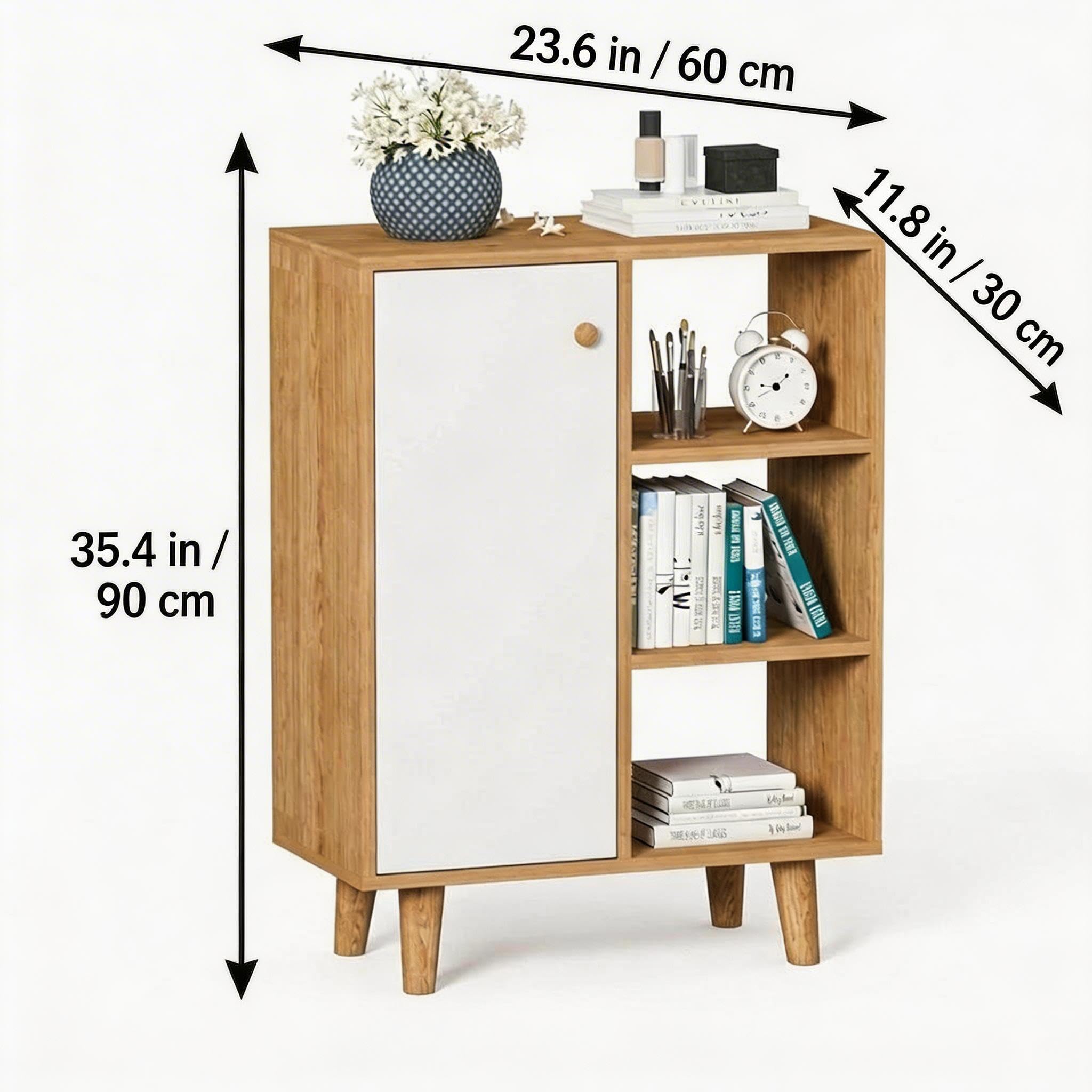 Kikbo Modern Storage Cabinet with Door and Open Shelves, MDF Wood Accent Cabinet, Freestanding Organizer for Living Room, Bedroom, Entryway, Oak and White