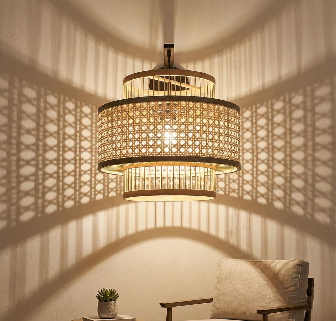 Round Oriental Bamboo Rattan Lamp Shade Natural Rattan Chandelier Lampshade Handmade Woven Vintage Farmhouse Wicker Ceiling Light Cover for LED bulbs 14.17in x 12.59in (36 x 32cm)