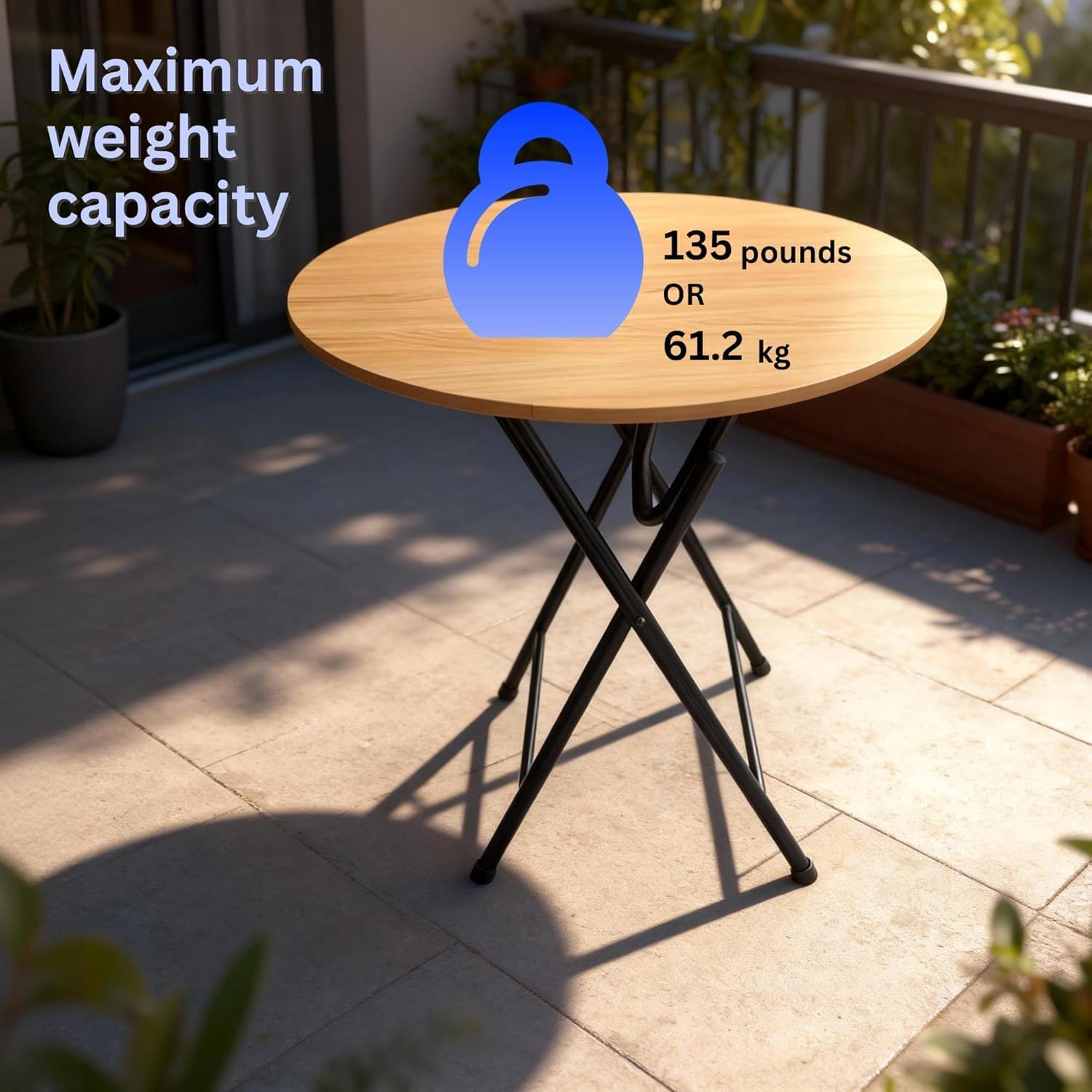 Round Folding Table with Metal Legs, MDF Top – White Finish, Space-Saving Dining or Study Desk – 23.6 x 23.6 x 28.7 in (60 x 60 x 73 cm)