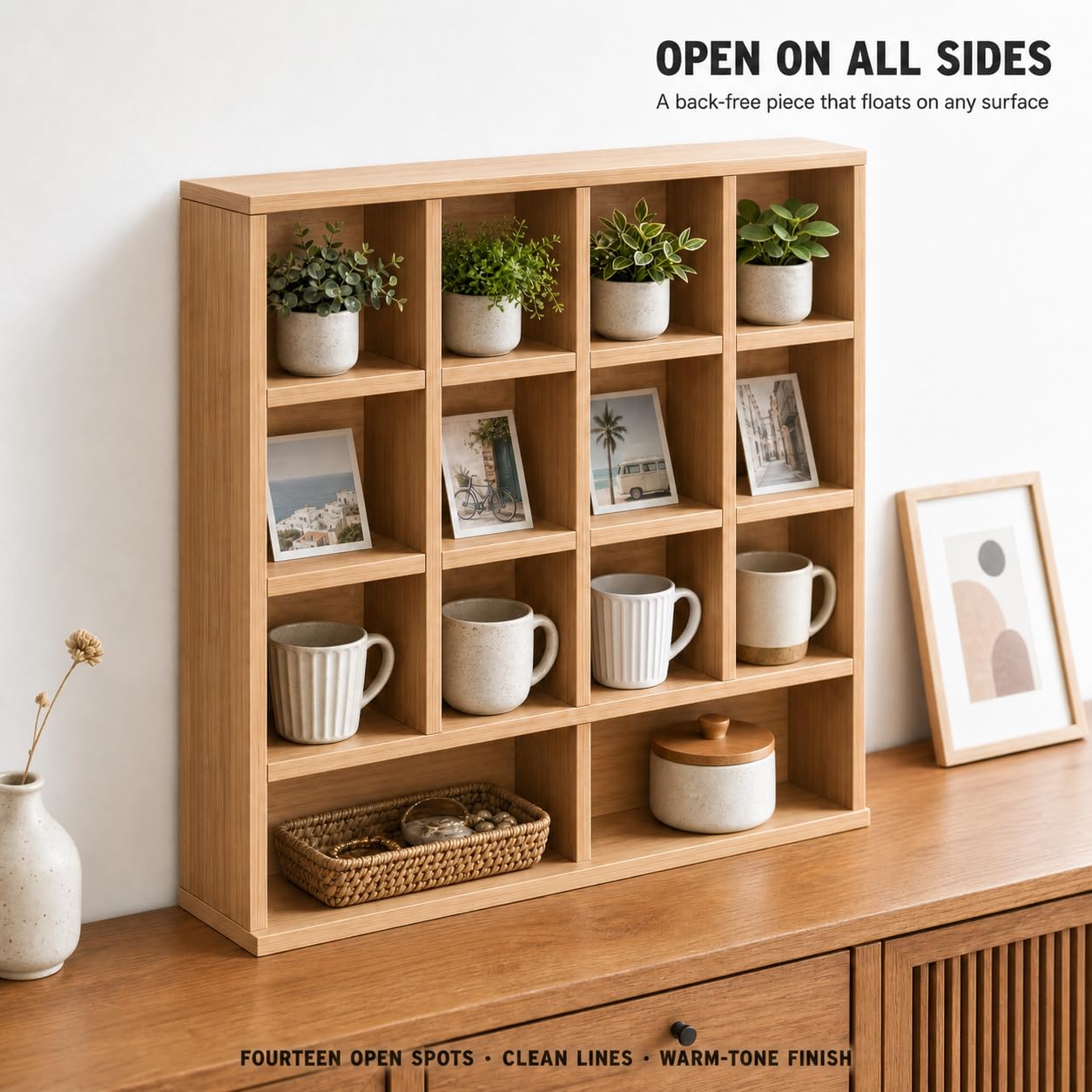 Wooden Display Shelf Organizer, 14 Cube MDF Countertop Storage Rack for Coffee Mugs, Figures, Collectibles, Bonsai & Home Decor, 23.6 x 23.6 x 5.9 Inch, Rustic Oak