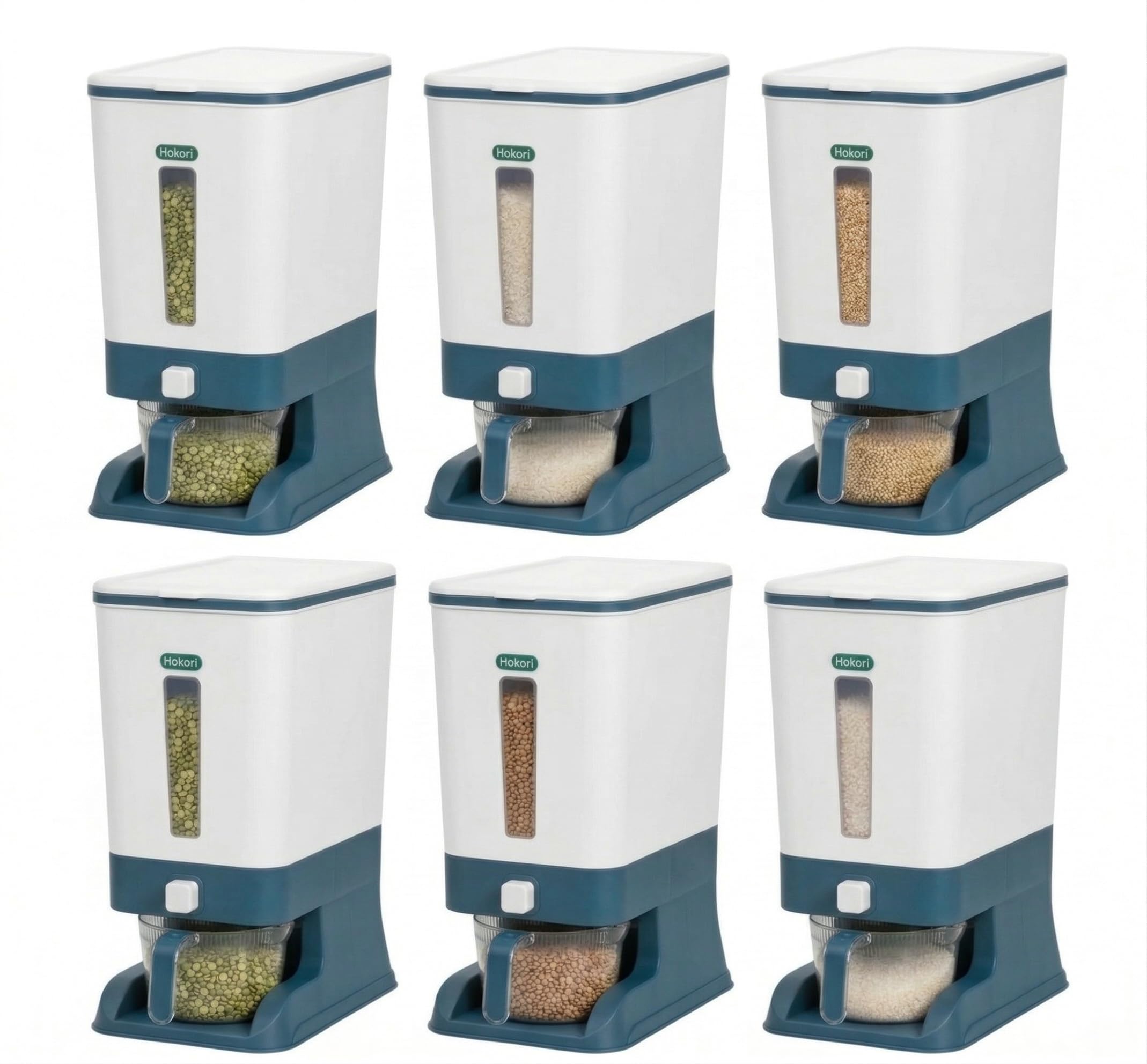 Kikbo 6-Pack Rice and Small Grains Dispenser 22 lbs / 10kg - Keep Fresh, Easy Fast Food Prep Rice Beans Flour Grains, No Mess Pantry Kitchen Organizer (Blue)
