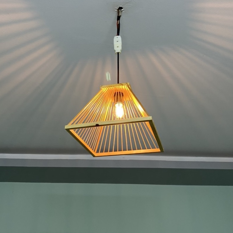 Set of 6 Bamboo & Wood Pendant Light Shades – Square Hat Design (Nón Vuông) | Handcrafted Natural Hanging Lamps for Café, Restaurant, or Homestay Decor