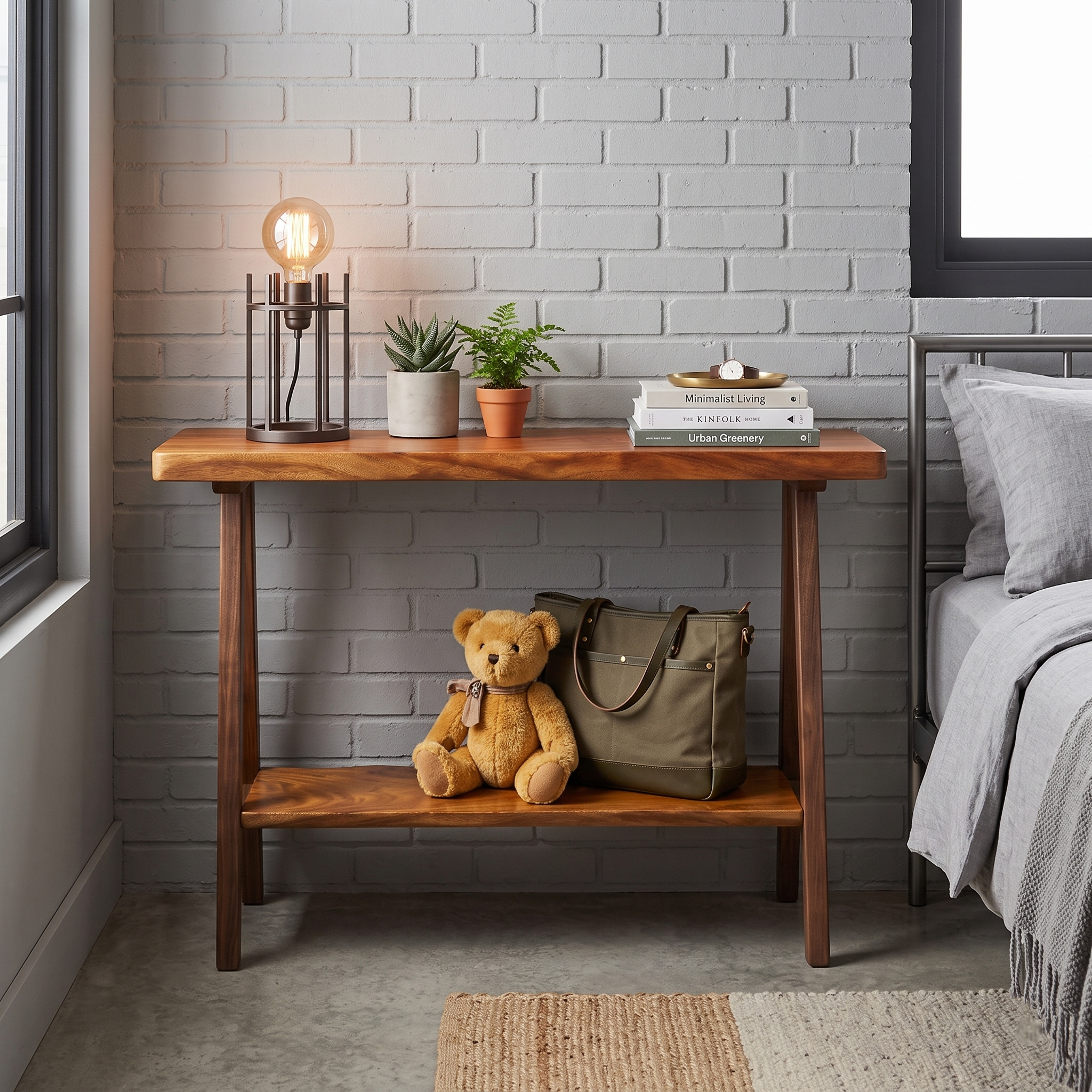 2-Inch Thick Live Edge Solid Wood Console Table – 2-Tier Entryway Table with Storage Shelf – Industrial V-Shaped Metal Legs Sofa Table for Living Room & Hallway Decor