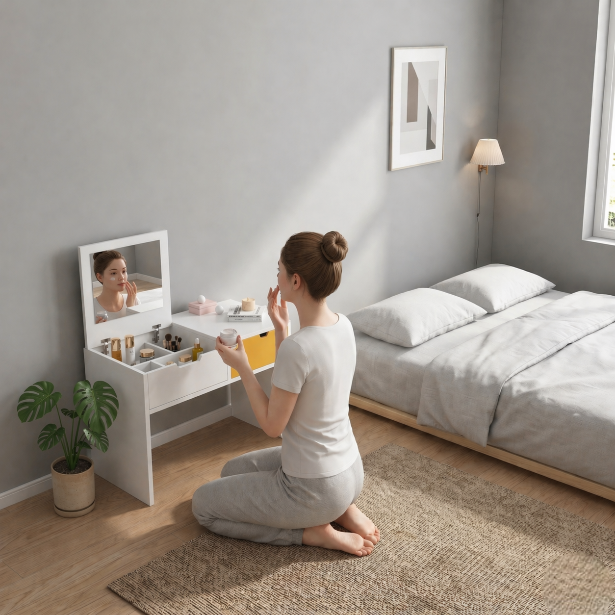 2-in-1 Floor Vanity Table & Nightstand Combo – Modern Low Profile Makeup Desk with Storage Shelf – Square Leg Bedroom Decor Organizer – Compact Dressing Table for Small Spaces