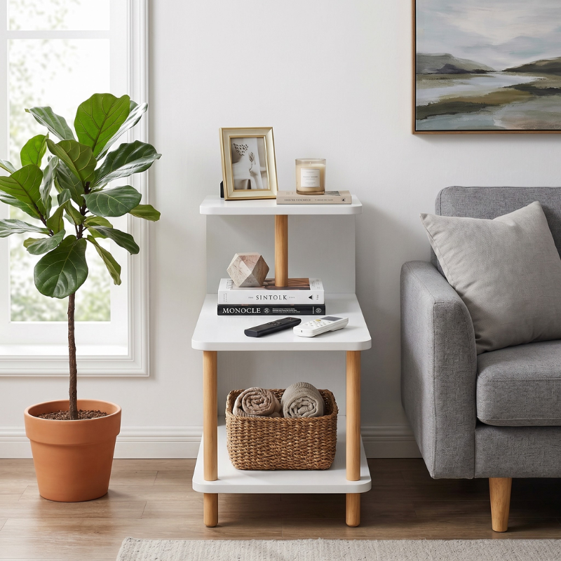 Modern White 3-Tier Nightstand – MDF Bedside Table with Open Storage Shelves – Compact End Side Table for Bedroom, Living Room & Small Spaces – Easy Assembly - Kikbo