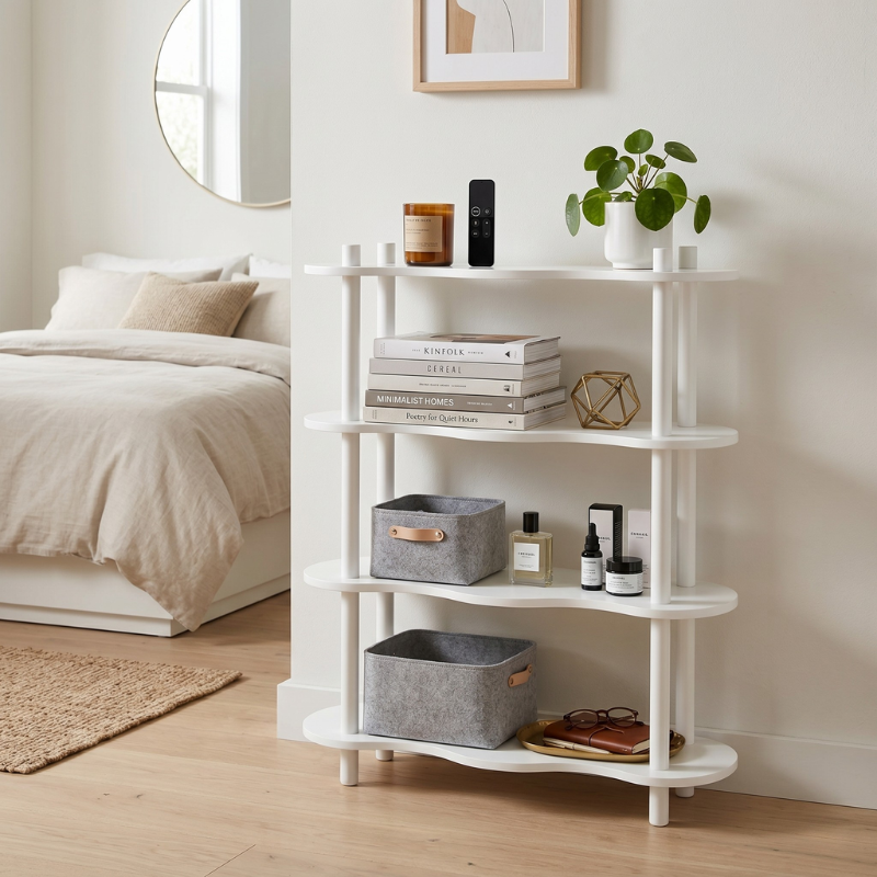 White Wavy Wood Display Shelf – 4-Tier Decorative Storage Rack with Curved Wave Design – Boho Accent Bookshelf & Plant Stand for Bedroom, Living Room & Nursery