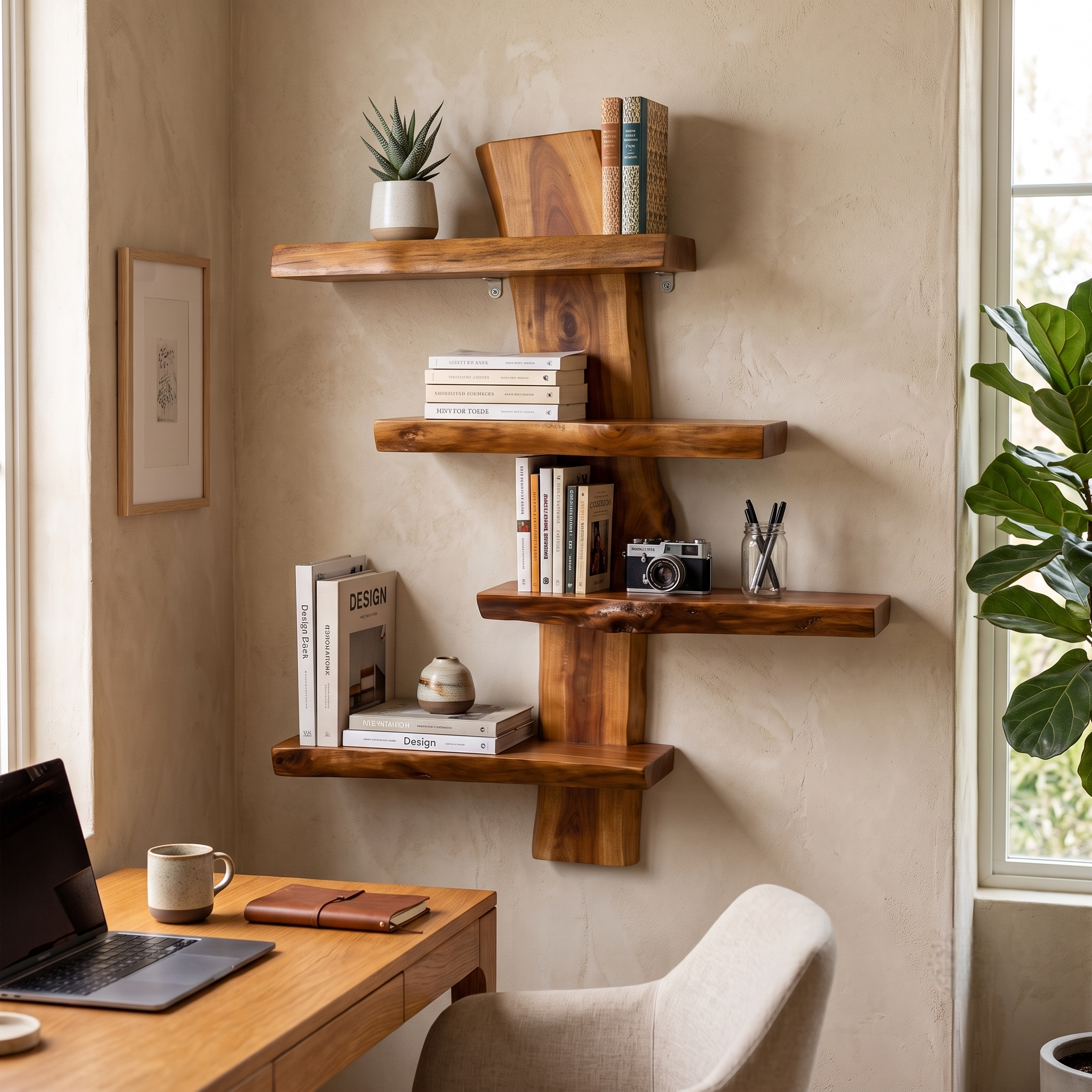 4-Tier Solid Wood Floating Wall Shelf – Multi-Layer Natural Timber Hanging Rack – Unique Decorative Storage Organizer Bookshelf for Living Room, Bedroom & Office Decor