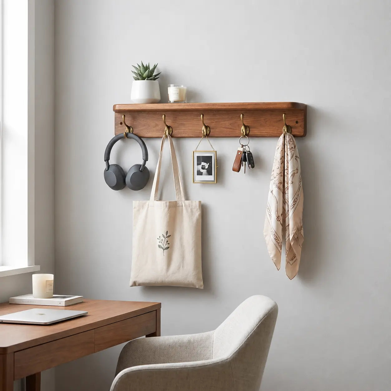 Wall Mounted Coat Rack with Storage Shelf – 31.5 Inch Solid Wood Entryway Organizer – Decorative Hanging Rail with 5 Hooks for Coats, Hats, Keys & Towels – Hallway, Bathroom & Mudroom Kikbo