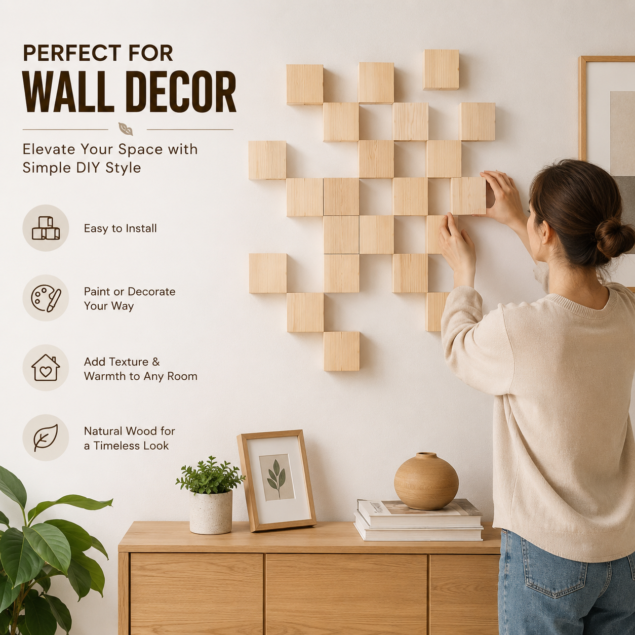Natural Wood Blocks for Crafts 2,3,4 Inch, Pack of 24 Unfinished Wood Square Blocks for Crafts & DIY, Heavy-Duty Furniture Risers for Bed, Couch & Cabinet Legs, Decoration