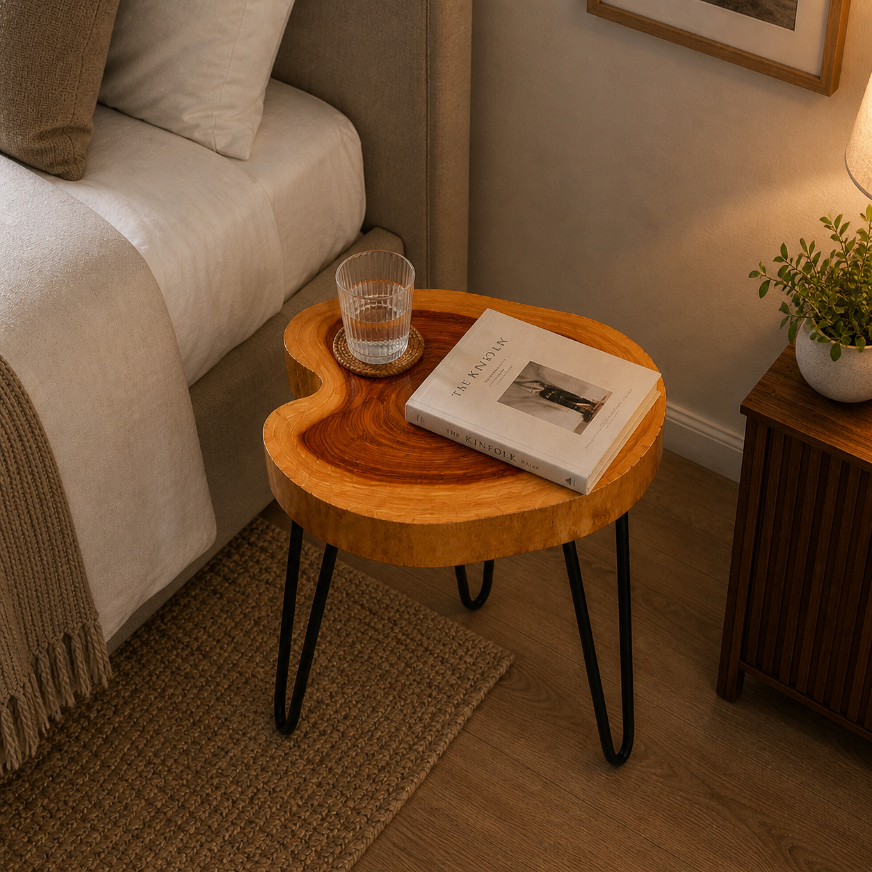 Live Edge Round Wood End Table – Solid Wood Side Table with Mid-Century Hairpin Legs – Unique Handmade Nightstand, Plant Stand for Bedroom, Living Room & Studio Decor