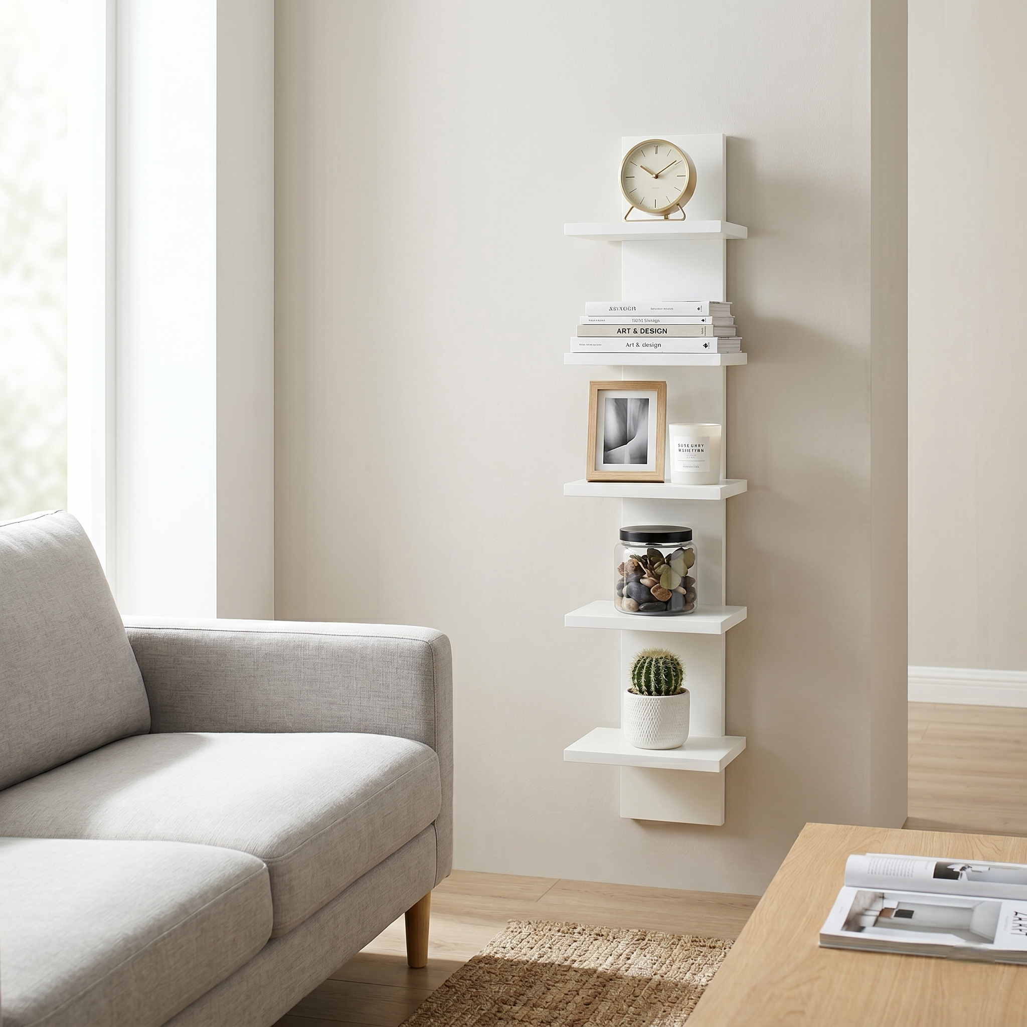 5-Tier Wall Mounted Floating Shelf – MDF Wood Display Rack with Scratch-Resistant Melamine Finish – Vertical Storage Organizer Bookshelf for Living Room, Bedroom & Office, White