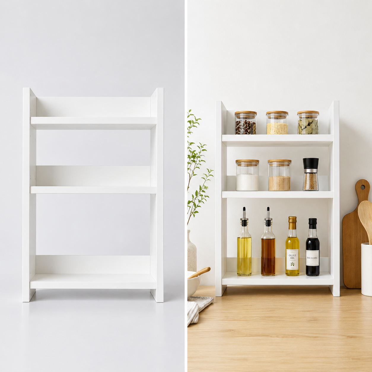 3-Tier Kitchen Spice Rack Organizer – Modern MDF Countertop Storage Shelf – Space-Saving Spice Holder & Pantry Cabinet Organizer for Seasoning Bottles, Jars & Oils, White