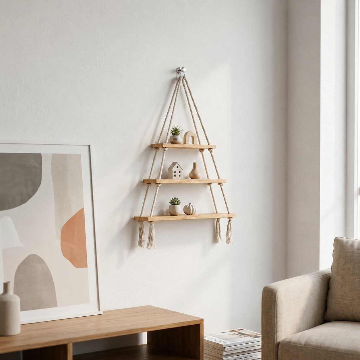 Hanging Wall Shelf – 3 Tier Handmade Cotton Rope Floating Shelves – Rustic Wood Decorative Storage Shelving for Living Room, Nursery, Bedroom & Bathroom – Display for Plants & Photos