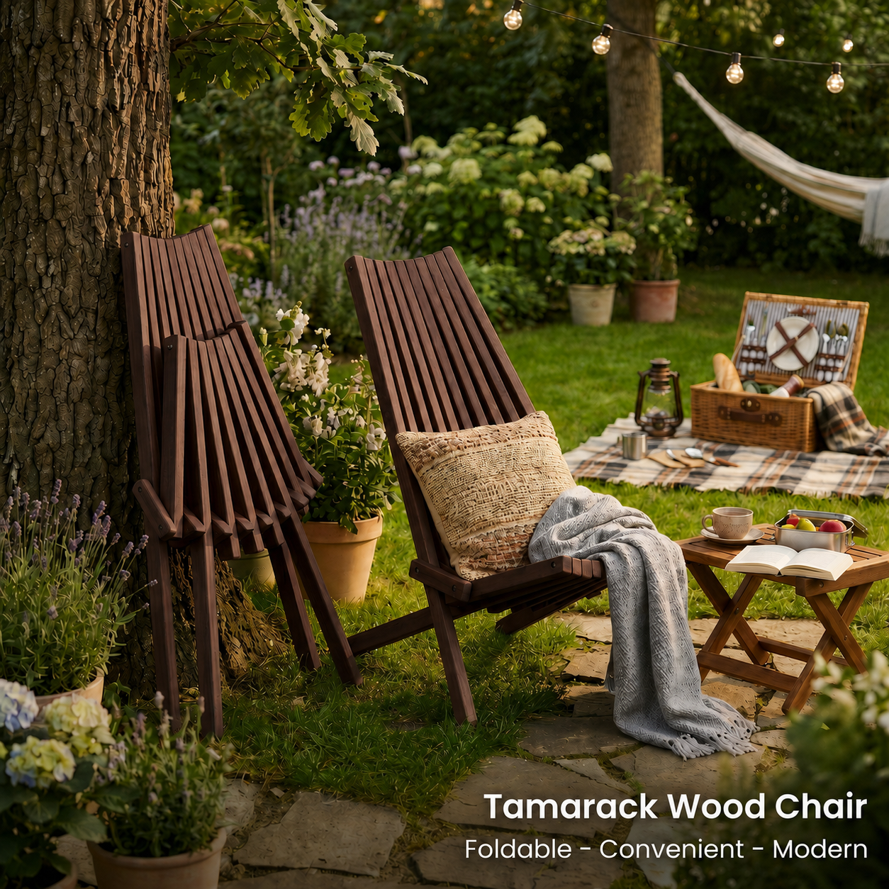Modern Acacia Wood Folding Chair – Weather-Resistant Outdoor Tamarak Lounge Seat – Portable Space-Saving Wooden Chair for Patio, Balcony, Lawn & Camping – Fully Assembled