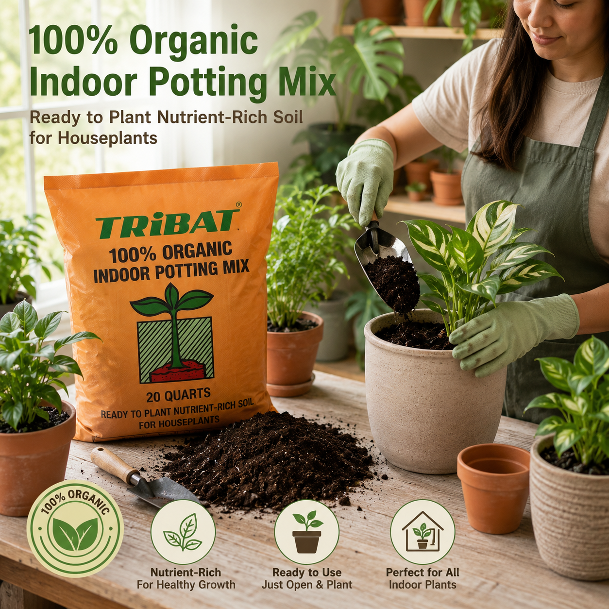 100% Organic Indoor Potting Mix (20 Quarts) – Ready to Plant Nutrient-Rich Soil for Houseplants – Fully Loaded Potting Soil with Coco Coir & Worm Castings, 22lbs bag