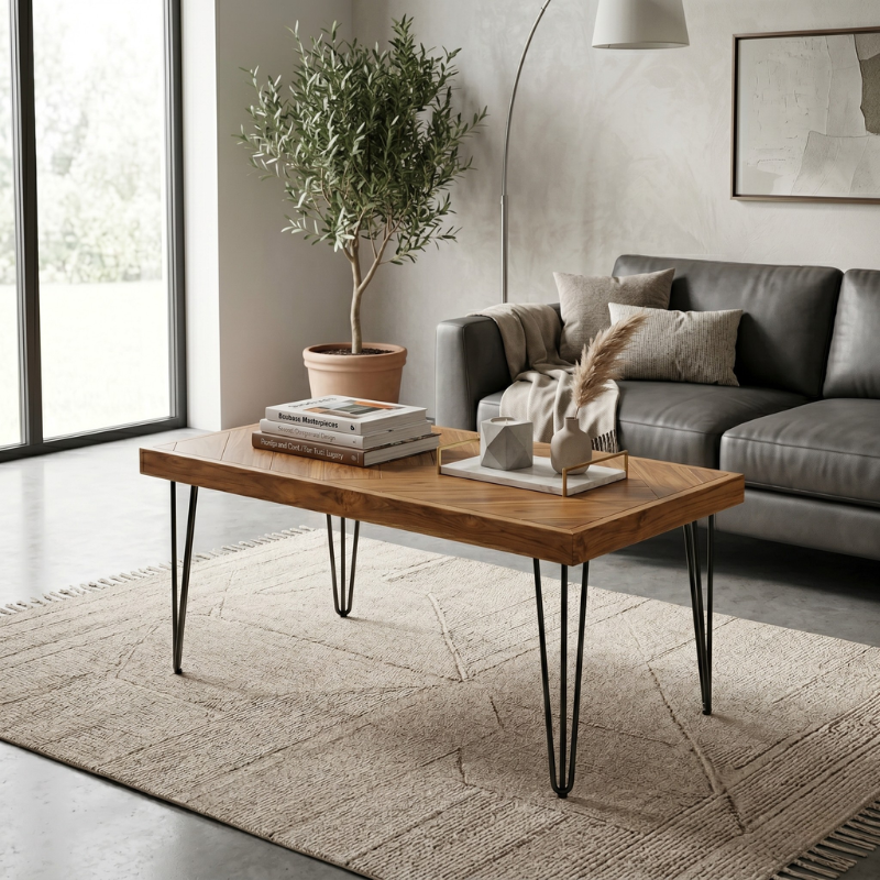 Rustic Herringbone Teak Wood Table – 48 Inch Premium Solid Teak Wood Desk for Home Office – Mid-Century Modern Dining Table & Executive Writing Desk – Natural Finish