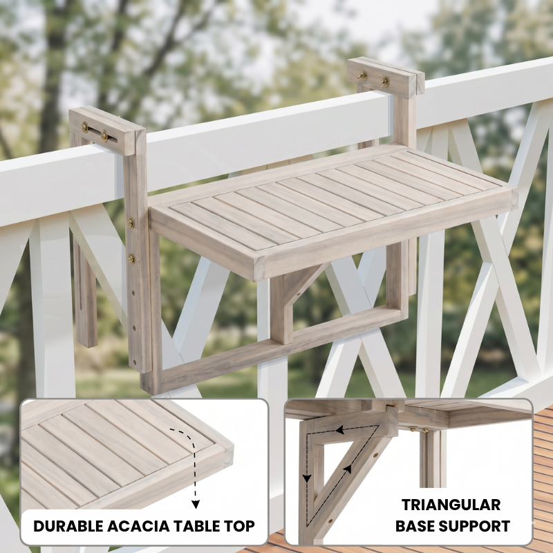 Acacia Wood Folding Balcony Hanging Table – Weather-Resistant Outdoor Railing Table – Adjustable Height & Width – Portable Deck Table for Small Balcony, Patio, and Porch – Rectangular