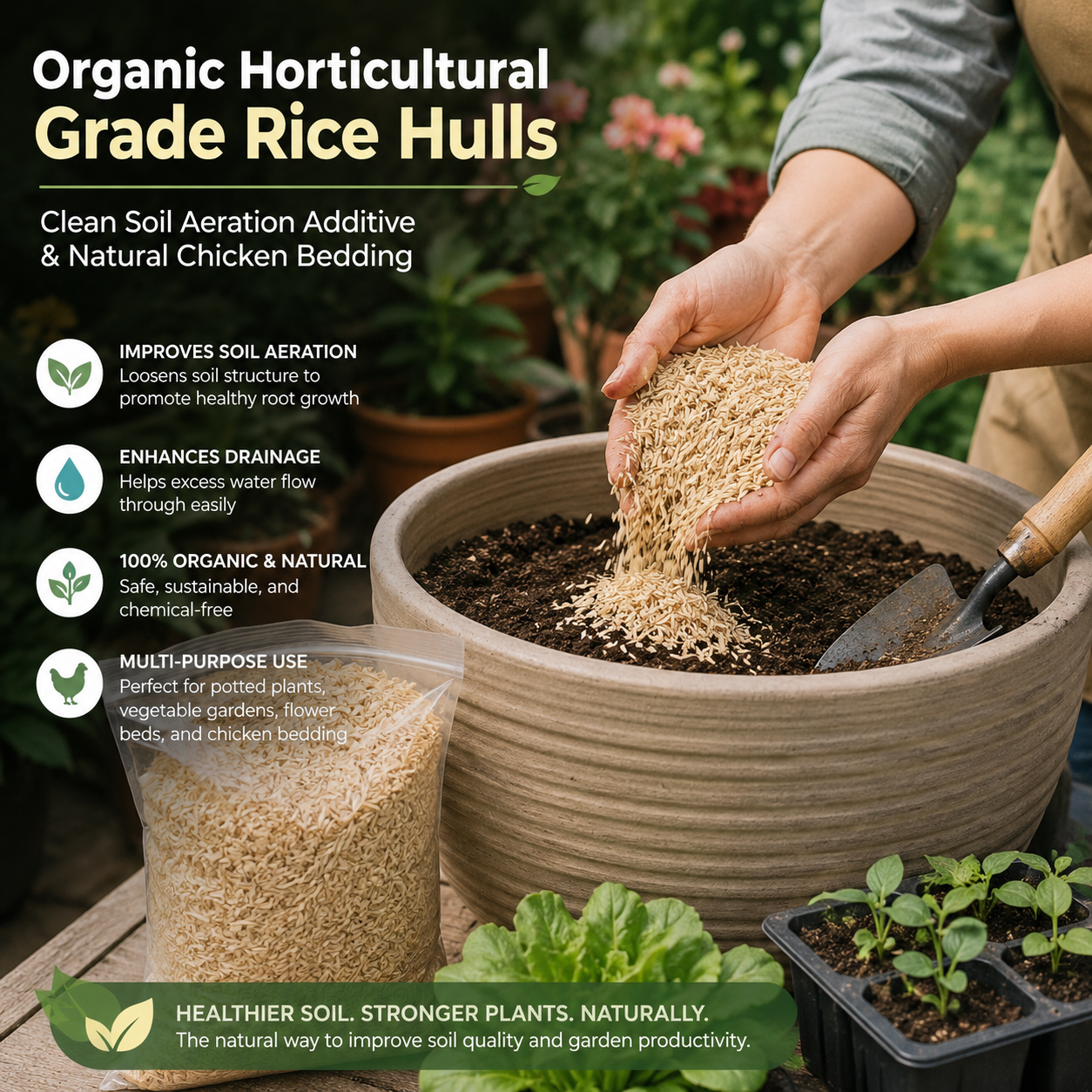 Organic Horticultural Grade Rice Hulls – Clean Soil Aeration Additive & Natural Chicken Bedding for Houseplants, Garden & Coop