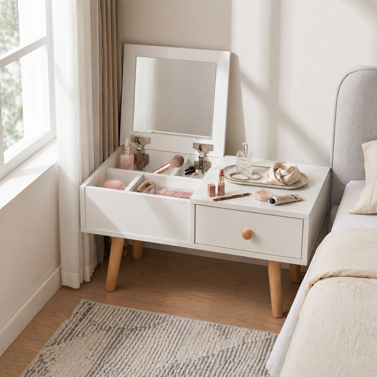 2-in-1 Floor Makeup Vanity & Nightstand – Modern Low-Profile Dressing Table with Solid Wood Legs – Compact Bedroom Storage Organizer & Bedside Tab for Small Spaces
