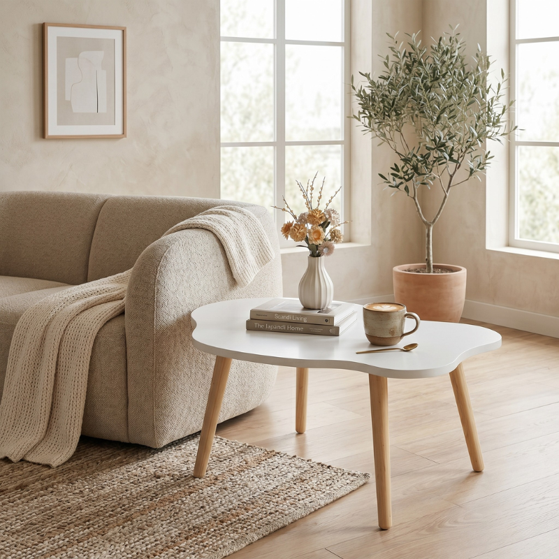 Modern Cloud-Shaped End Table – Minimalist Low Coffee Table with Chubby Legs – Decorative Wood Table for Small Spaces, Bedroom Couch Side & Nursery Playroom