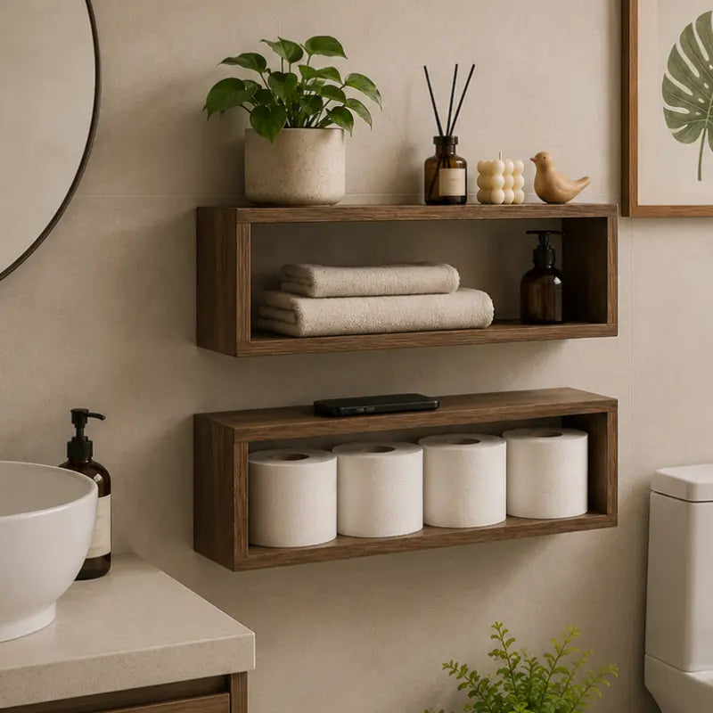 Wall Mounted Toilet Paper Holder Shelf - Floating Wood Bathroom Storage Box for 4 Mega Rolls - Rustic Decorative Recessed Shelving for Restroom Organization Kikbo