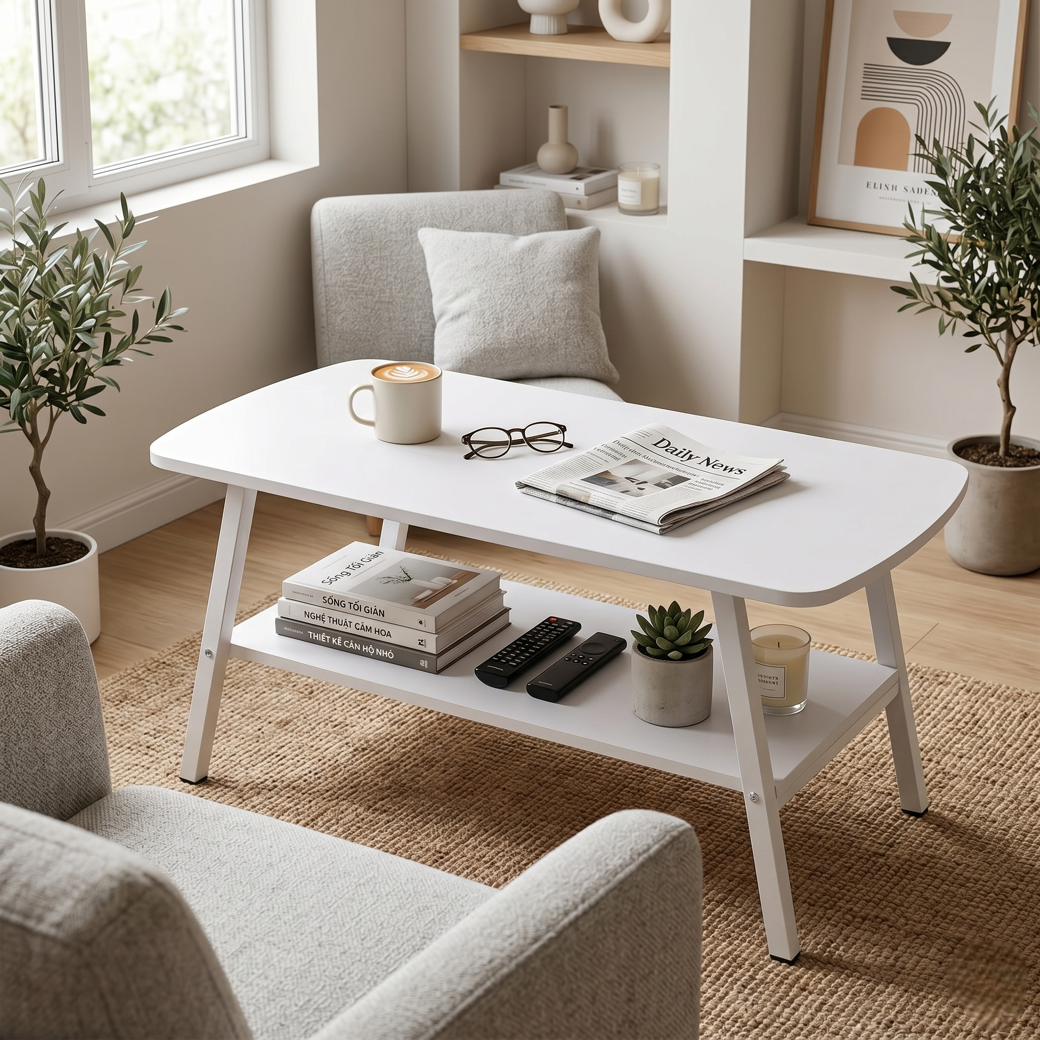 Modern 2-Tier Coffee Table – Sturdy 4-Legged Sofa Side Table for Living Room – Space-Saving Wooden Tea Table with Storage Shelf – Minimalist Central Cocktail Table for Home & Office