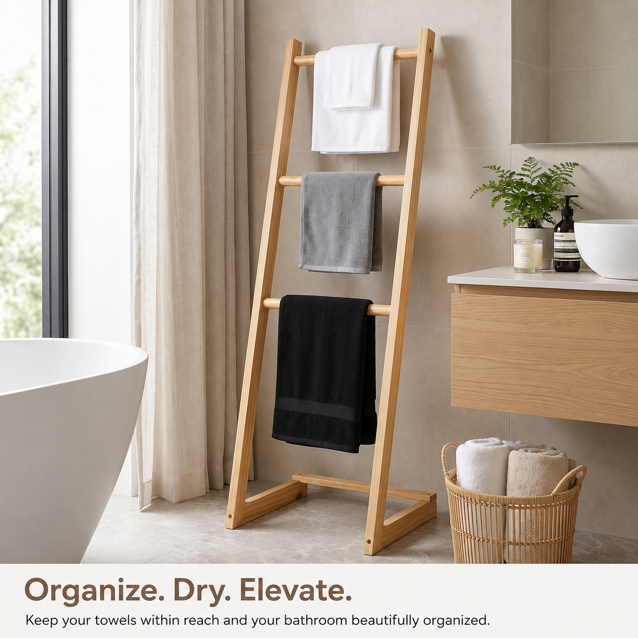 3-Tier Freestanding Towel Rack for Bathroom – Waterproof Solid Pine Wood Blanket Ladder Shelf – Anti-Mold Storage Organizer Stand for Bath Towels, Toiletries & Spa Decor
