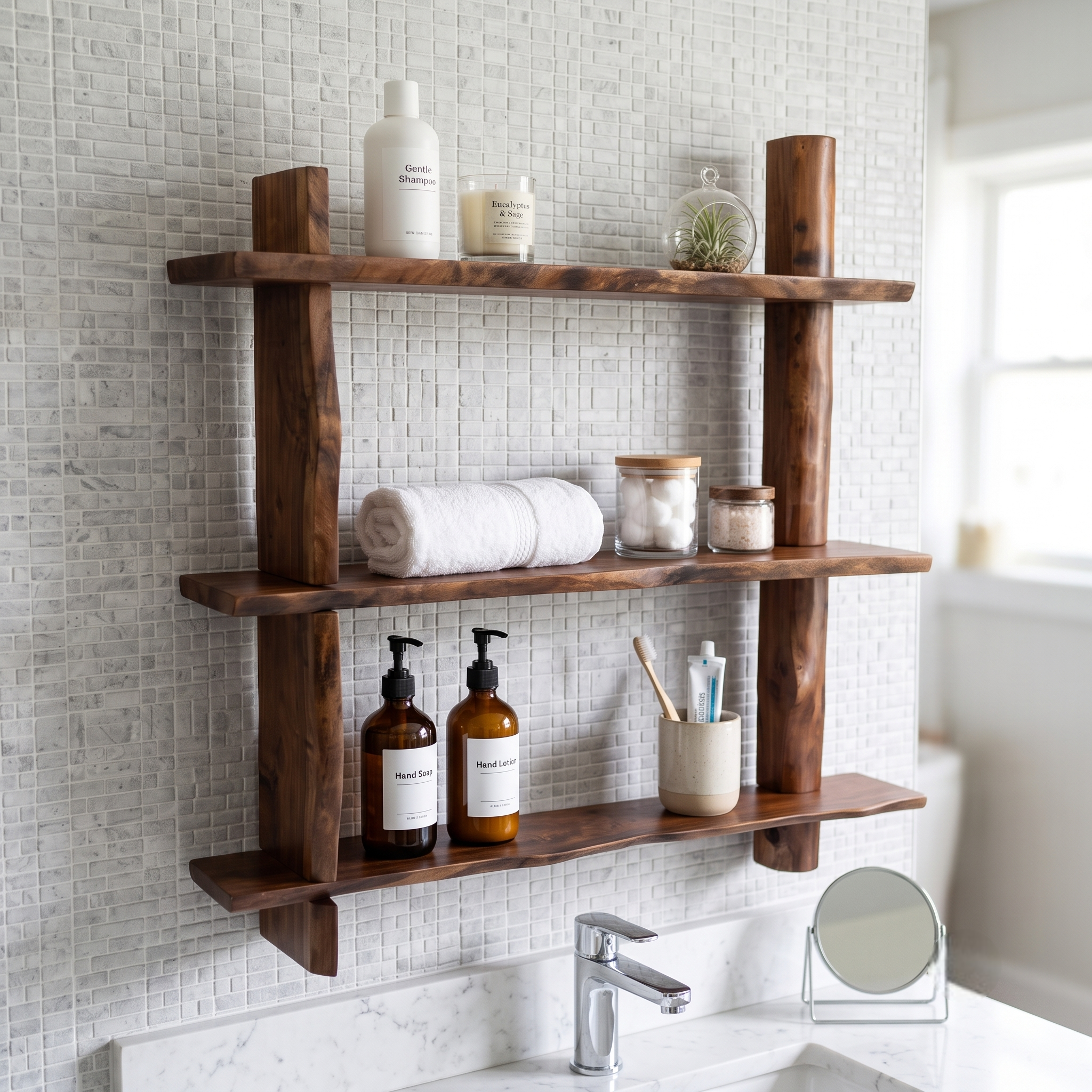 3-Tier Solid Wood Floating Shelf – 1.2 Inch Extra Thick Natural Timber Hanging Rack – Unique Rustic Wall Mounted Storage Organizer for Living Room, Bedroom & Cafe Decor