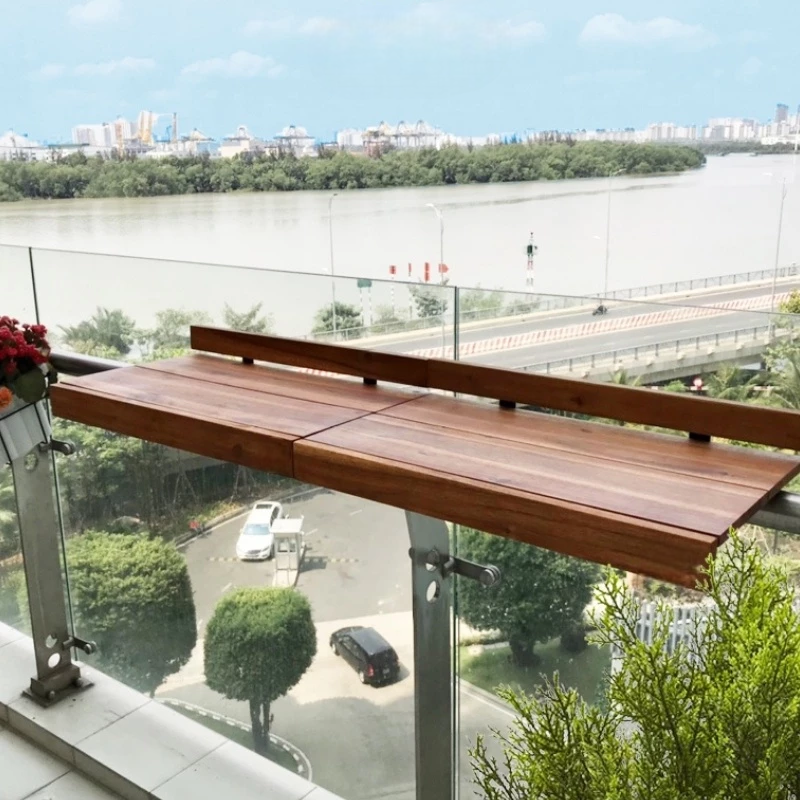 Acacia Wood Balcony Bar Table – Ultra-Stable Outdoor Railing Table – Universal Fit for Round & Flat Railings – Weather-Resistant Hanging Desk – Outdoor Bar Top for Apartment, Patio & Deck