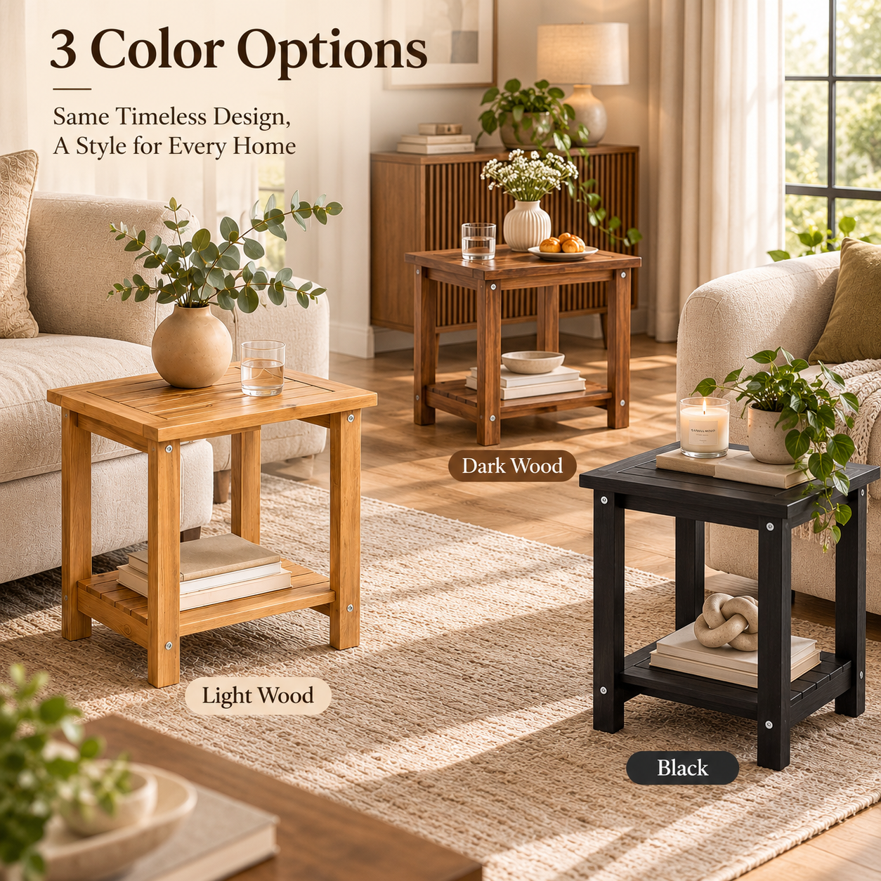 2-Tier Acacia Wood Side Table – Square End Table with Storage Shelf