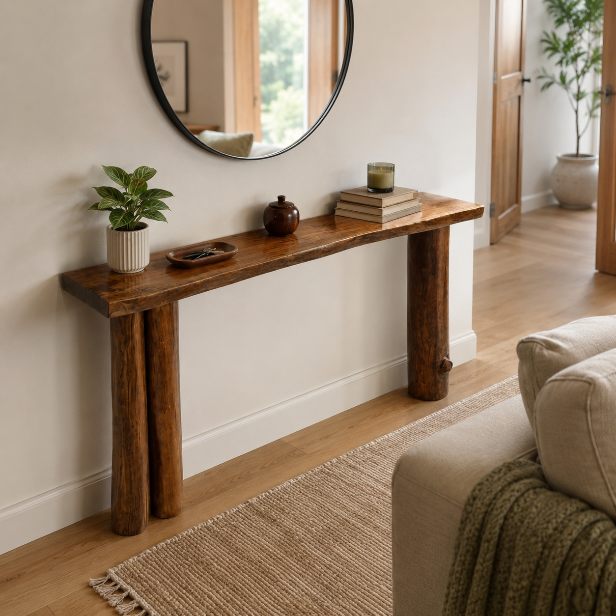 Solid Wood Console Table with Cylinder Legs – 2" Thick Slab Table