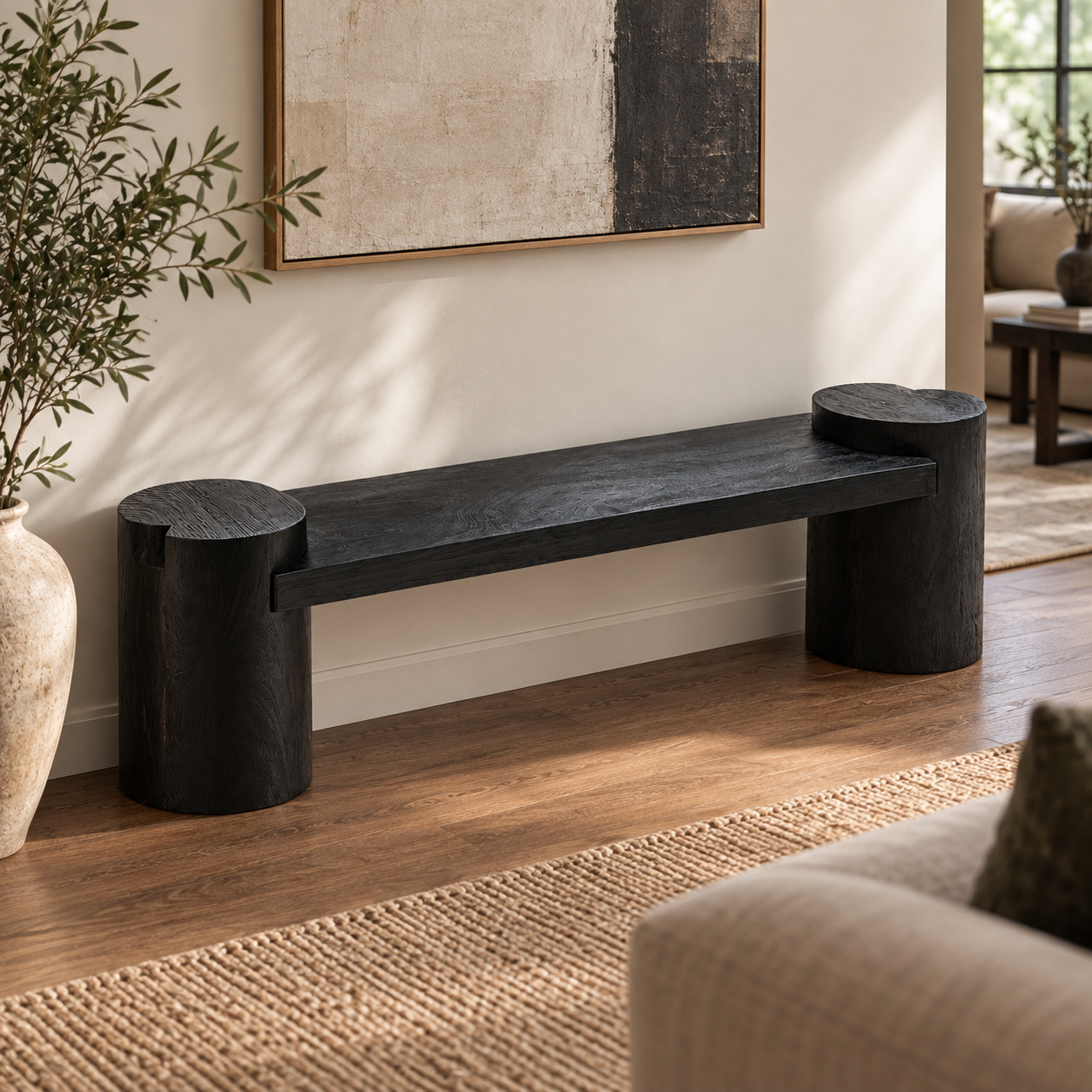 47" Black Solid Wood Bench – 2" Thick Slab Bench with Cylinder Legs