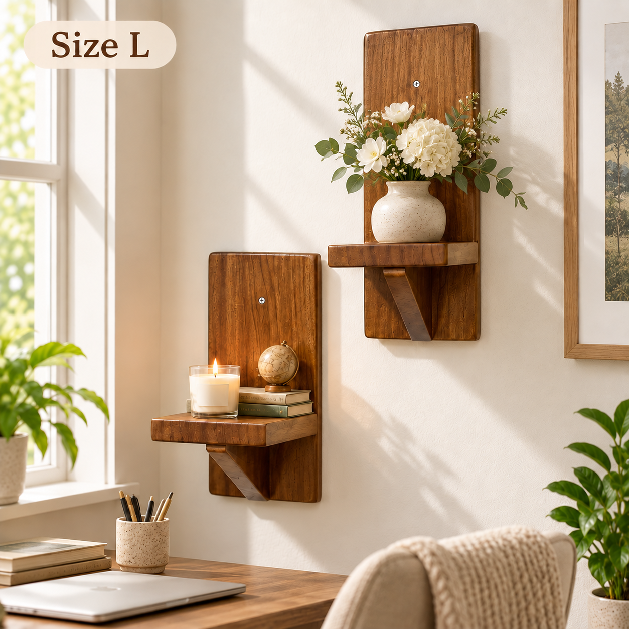 Set of 2 Wood Floating Wall Shelves – Small Rustic Decor Shelves for Plants