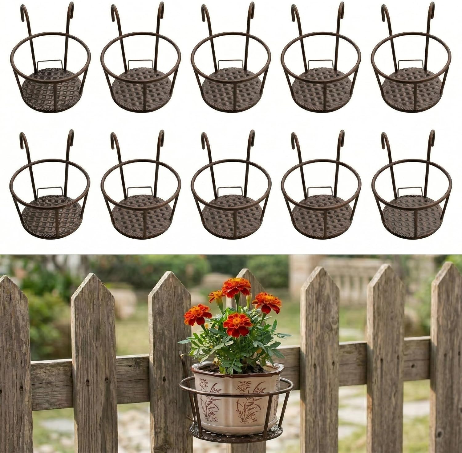 Iron Art Hanging Plant Holder for Balcony, Patio, Porch - Metal Railing Flower Pot Basket Stand for Outdoor, Indoor, Succulent, and Flower Plants 8.7 x 7.1 x 4.7 in