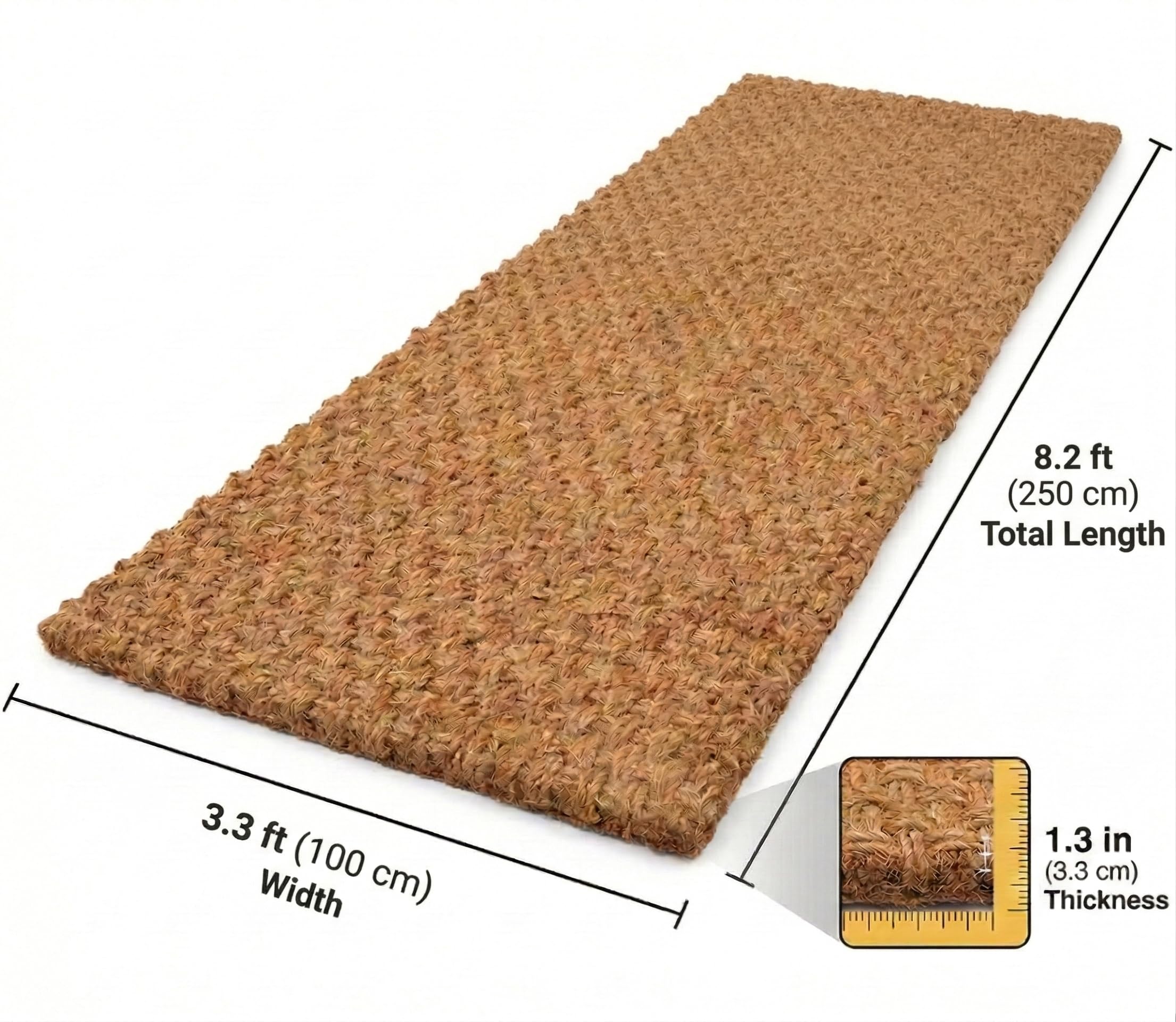 Kikbo Coconut Coir Fiber Mat 8.2ft x 3.2ft (2.5m x 1m) – Outdoor Indoor Rug for Decoration, Beach, Parties, Events Landscaping & Erosion Control - Rustic Natural and Strong, Natural & Biodegradable