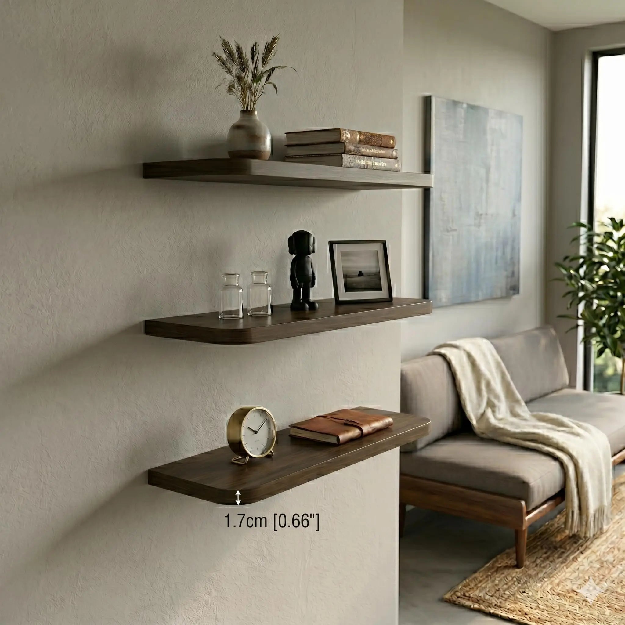 Kikbo Floating Wall Shelf Set of 3 Shelves – 31.5" (80 cm) Wide, 5.9" (15 cm) Deep, 0.67" Thick Strong MDF, Hidden Mount, Rounded Corners Modern Stylish and Sleek, Space Saving Design