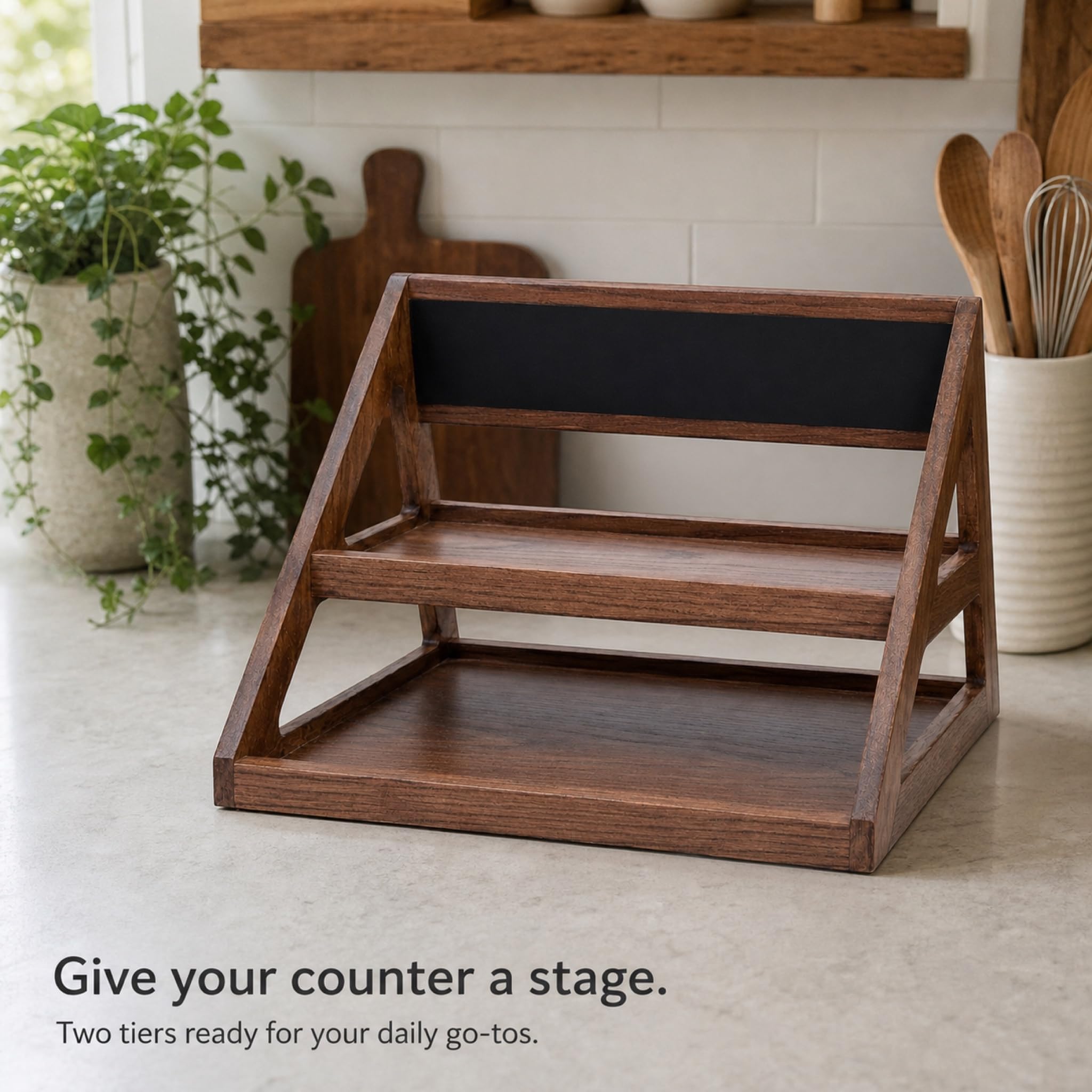 2-Tier Oak Veneer Cake and Fruit Display Stand with Chalkboard Label - Waterproof PU Finish for Cafe Bakery Buffet - 23.6 x 13.8 x 15.7 Inch Brown