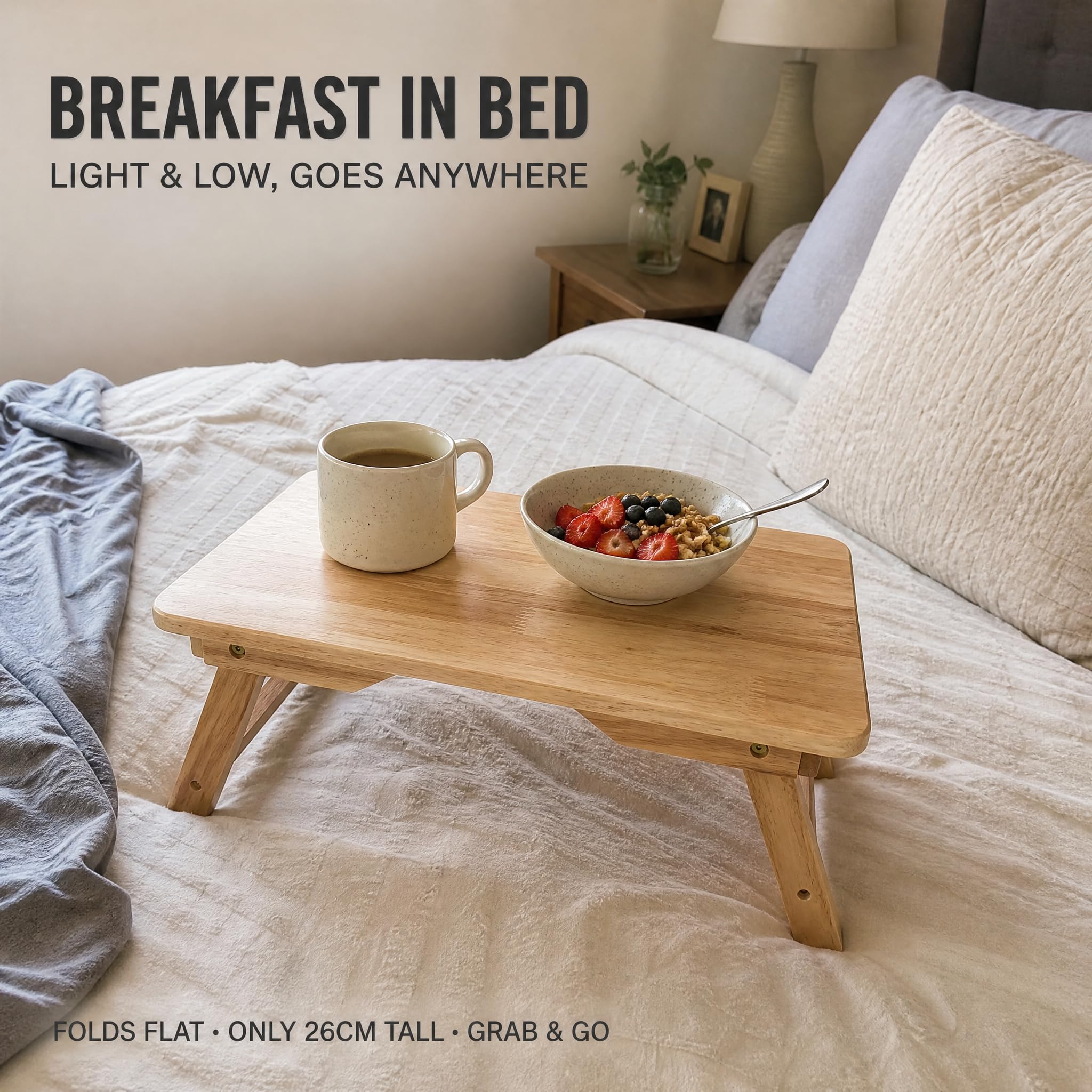 Foldable Wooden Bed Tray Table with Legs, Portable Laptop Desk for Bed and Sofa, Natural Wood Breakfast Serving Tray, Small Coffee Table for Reading, Working and Eating, 24 x 16 Inch
