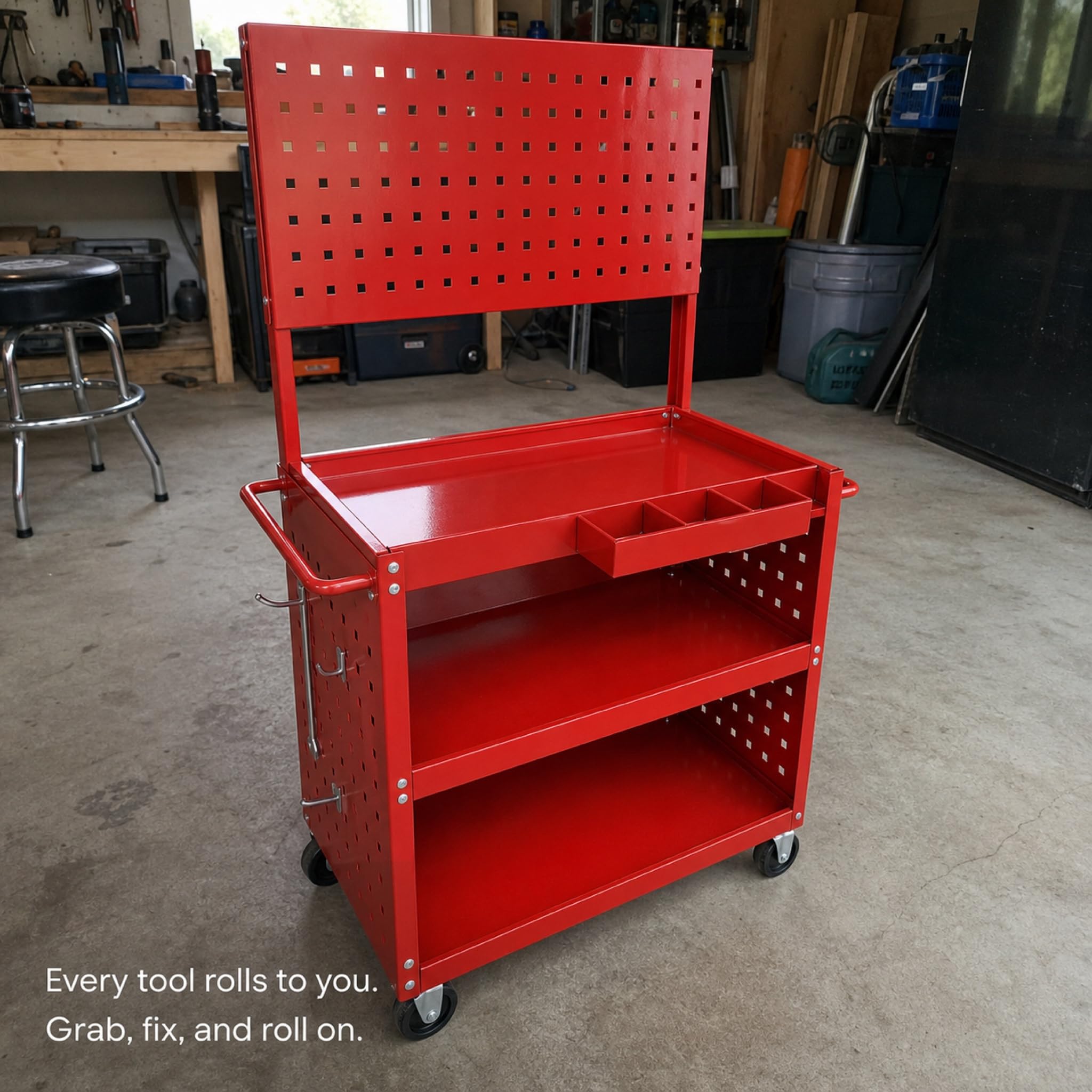 3-Tier Rolling Steel Tool Cart with Pegboard and 15 Hooks - 360 Degree Swivel Wheels - 330 lb Capacity Workshop Garage Utility Trolley - Red