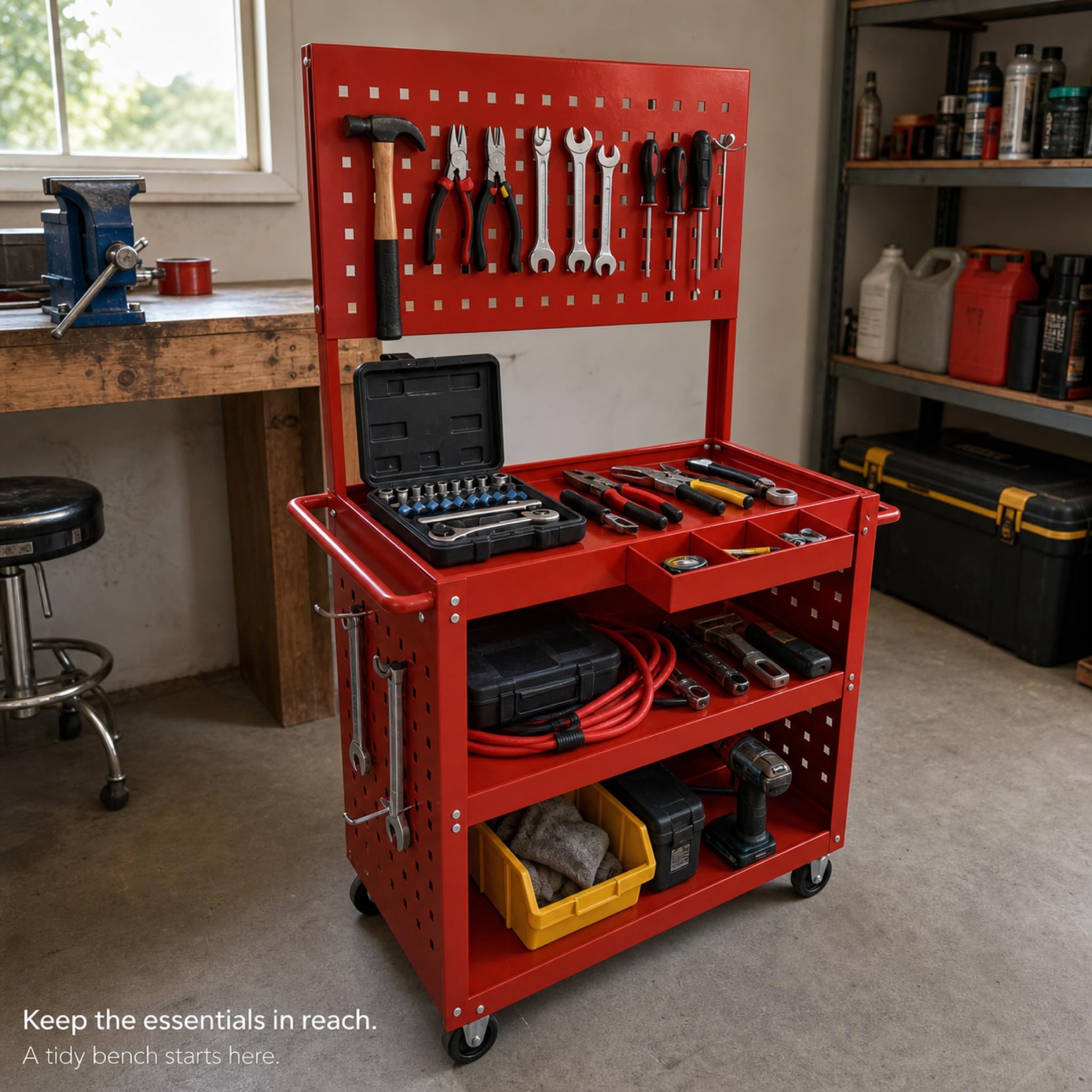 3-Tier Rolling Steel Tool Cart with Pegboard and 15 Hooks - 360 Degree Swivel Wheels - 330 lb Capacity Workshop Garage Utility Trolley - Red
