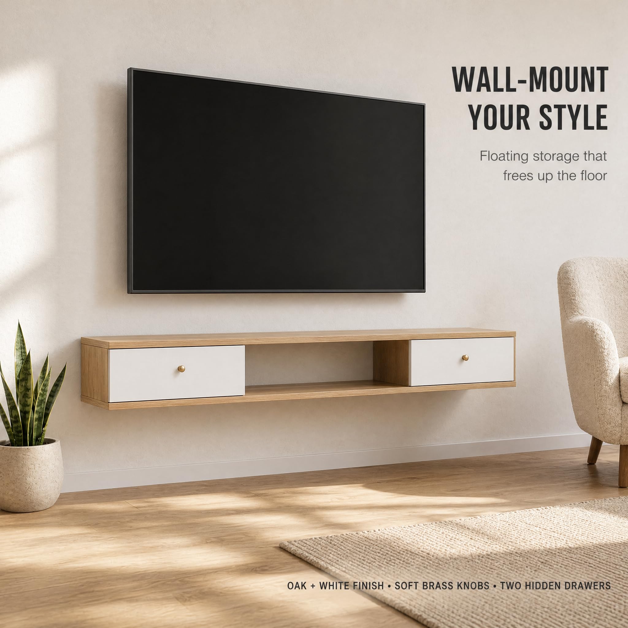 Kikbo Floating TV Stand Wall Mounted, Modern Nordic Wood TV Console with 2 Drawers, Space Saving Entertainment Center for Living Room Bedroom, 59”/150cm