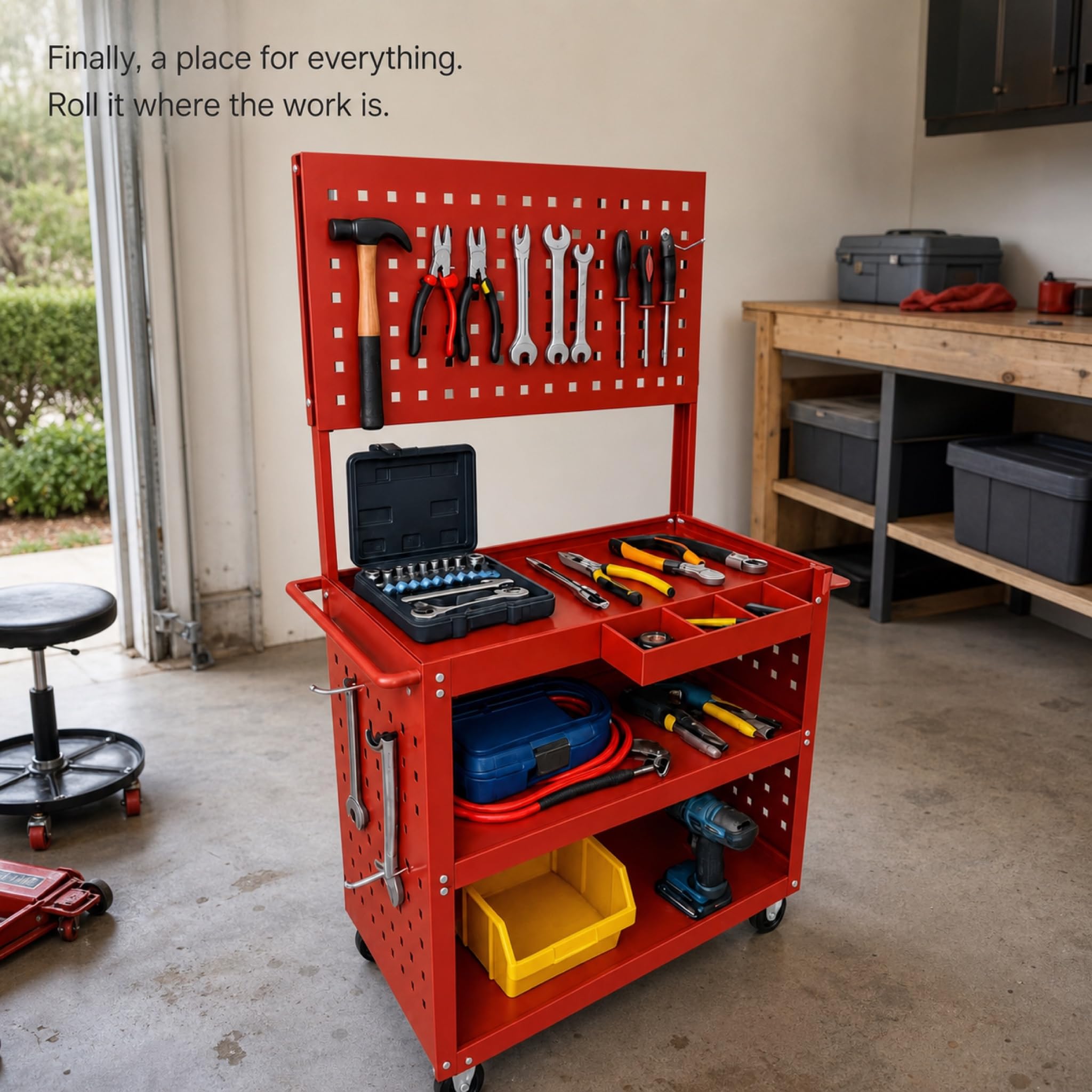 3-Tier Rolling Steel Tool Cart with Pegboard and 15 Hooks - 360 Degree Swivel Wheels - 330 lb Capacity Workshop Garage Utility Trolley - Red